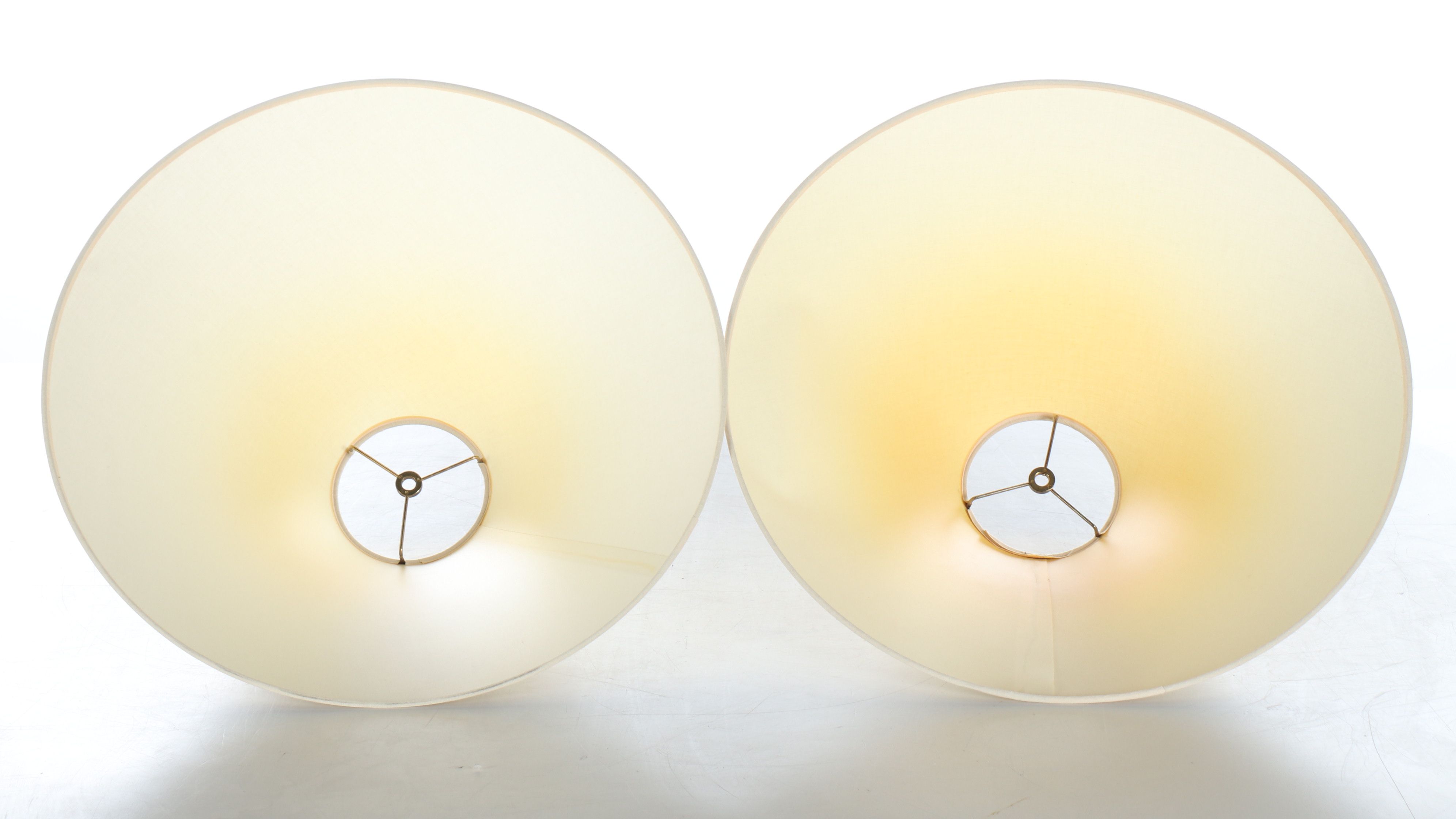 Pair of White Banded Beehive Ceramic Table Lamps with Conical Shades