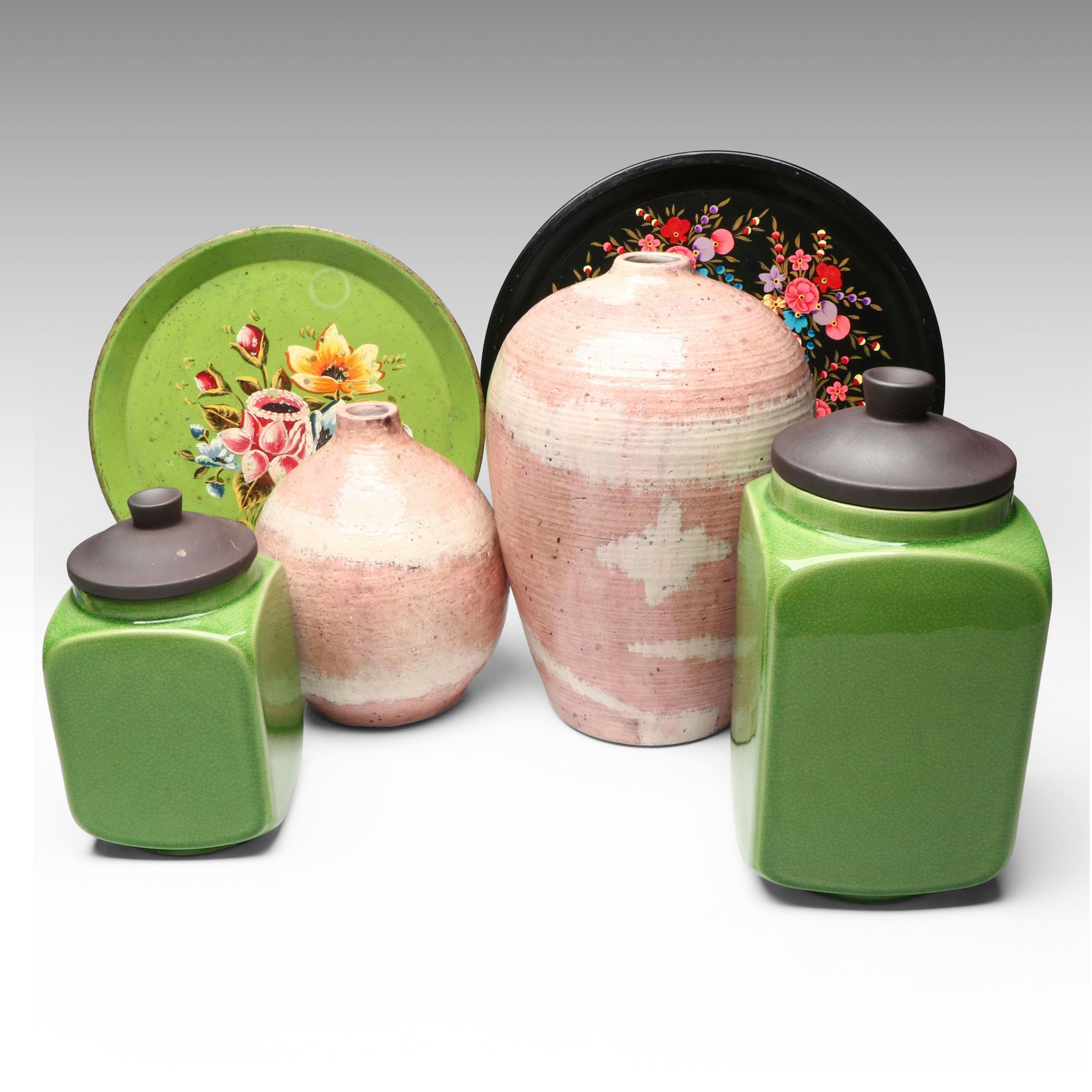 Wheel Thrown Ceramic Vases with Canisters and Hand-Painted Toleware Trays