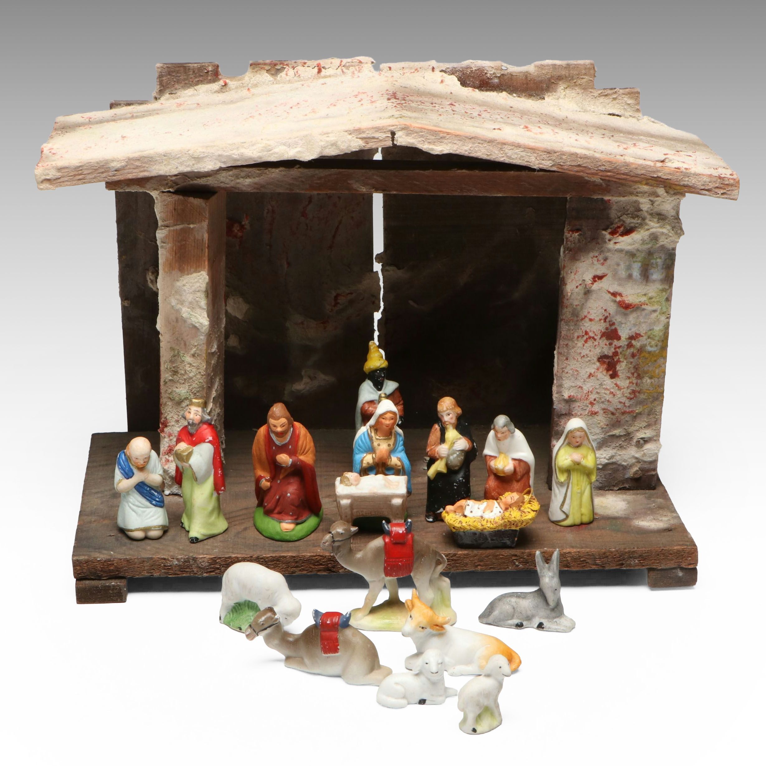 French and Other Nativity Figurines with Barn, Mid-20th Century