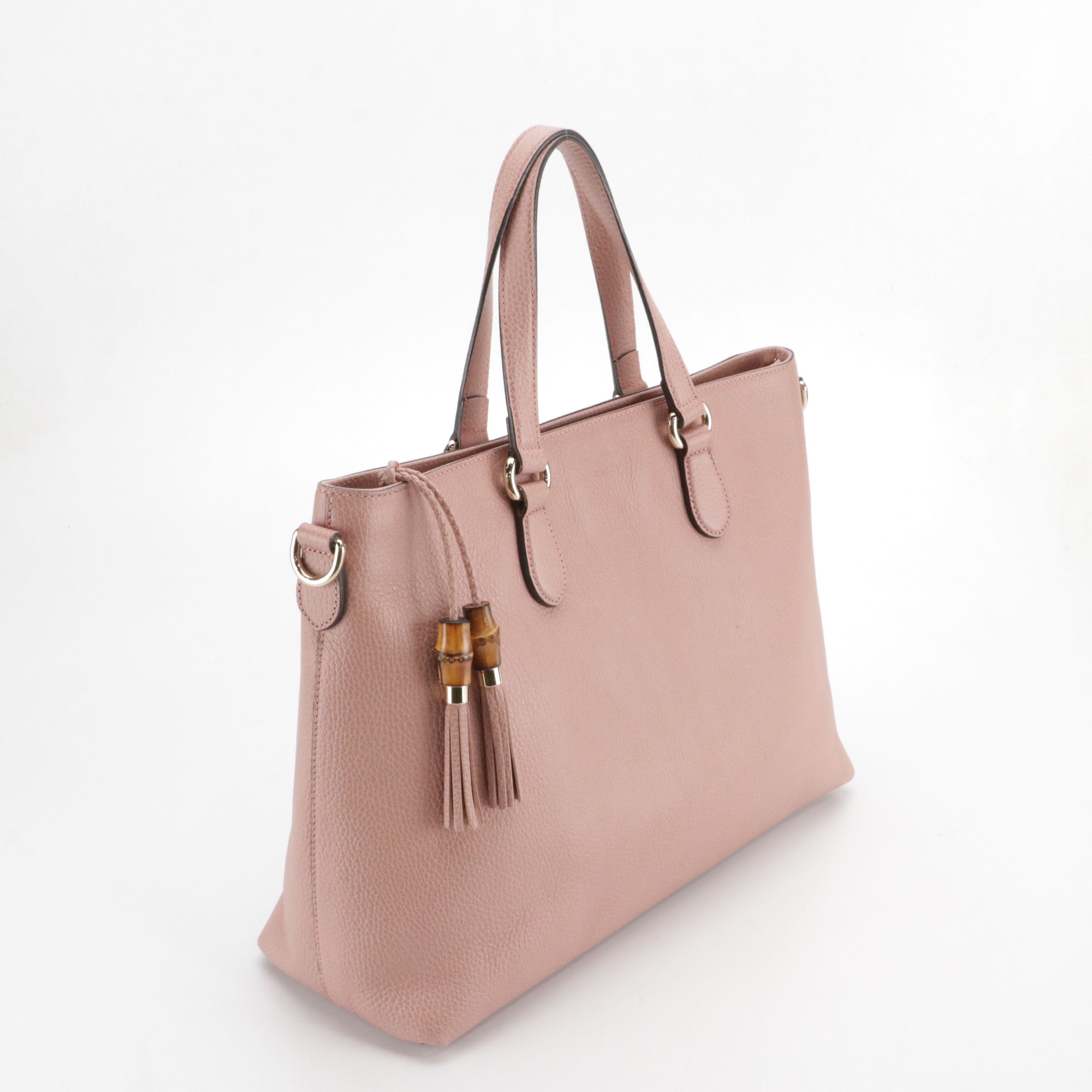 Gucci Bamboo Tassel Zip Tote Bag in Blush Pink Grained Calfskin Leather