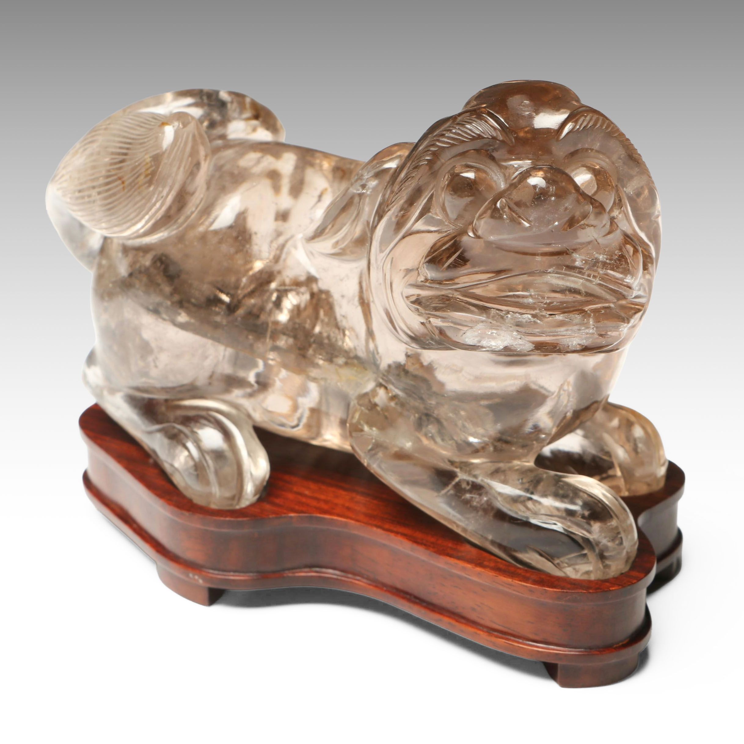 Chinese Guardian Lion Rock Crystal Figure on Wood Base