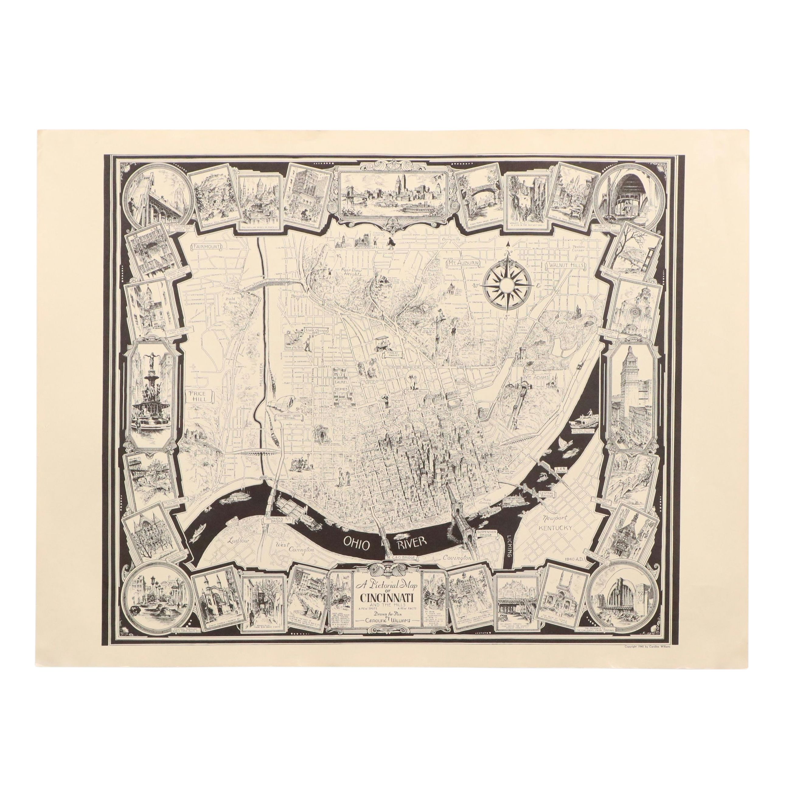 Illustrated Map of Cincinnati Lithograph After Caroline Williams, Circa 1940