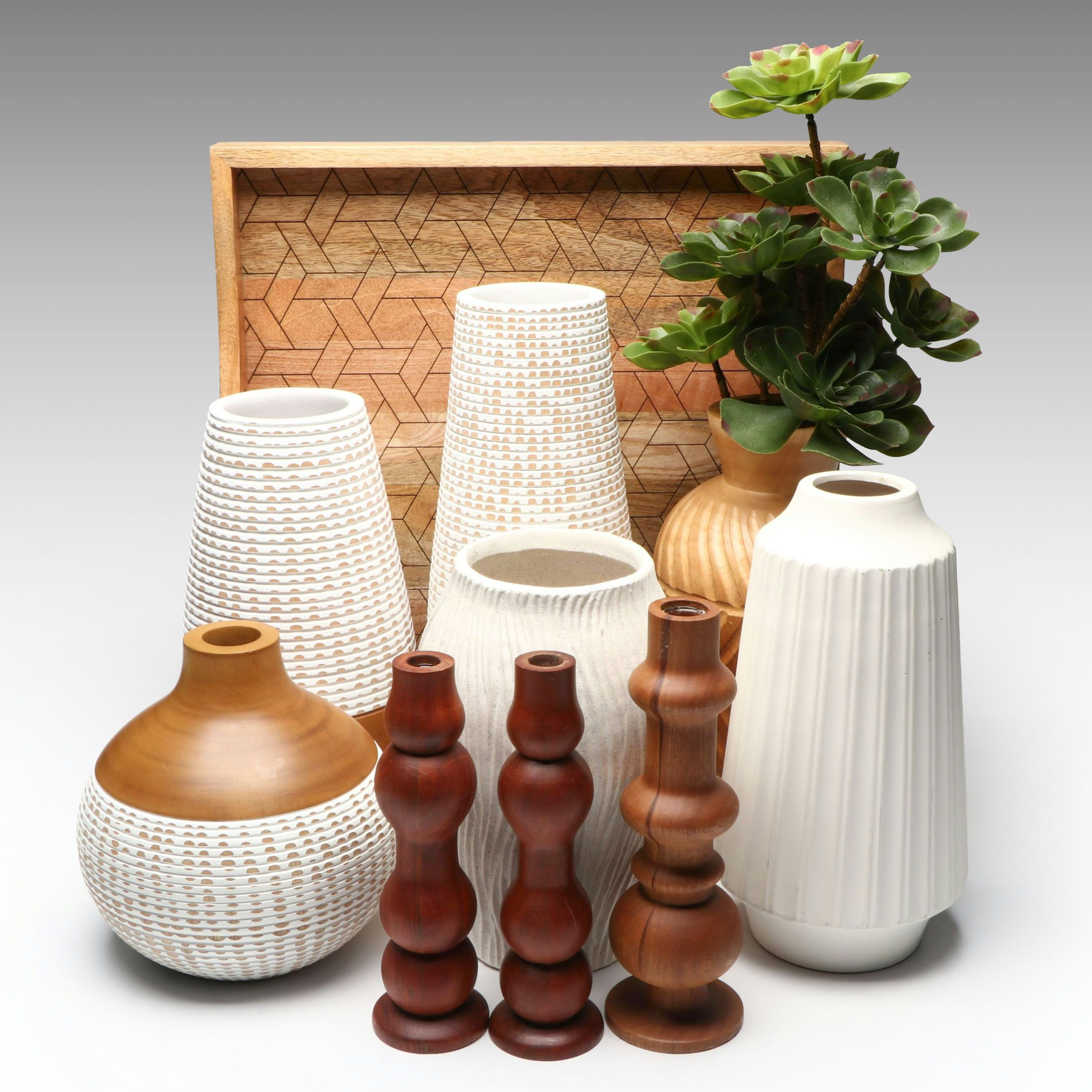 Incised Wood and Ceramic Vases with Tray and Turned Wood Candle Holders