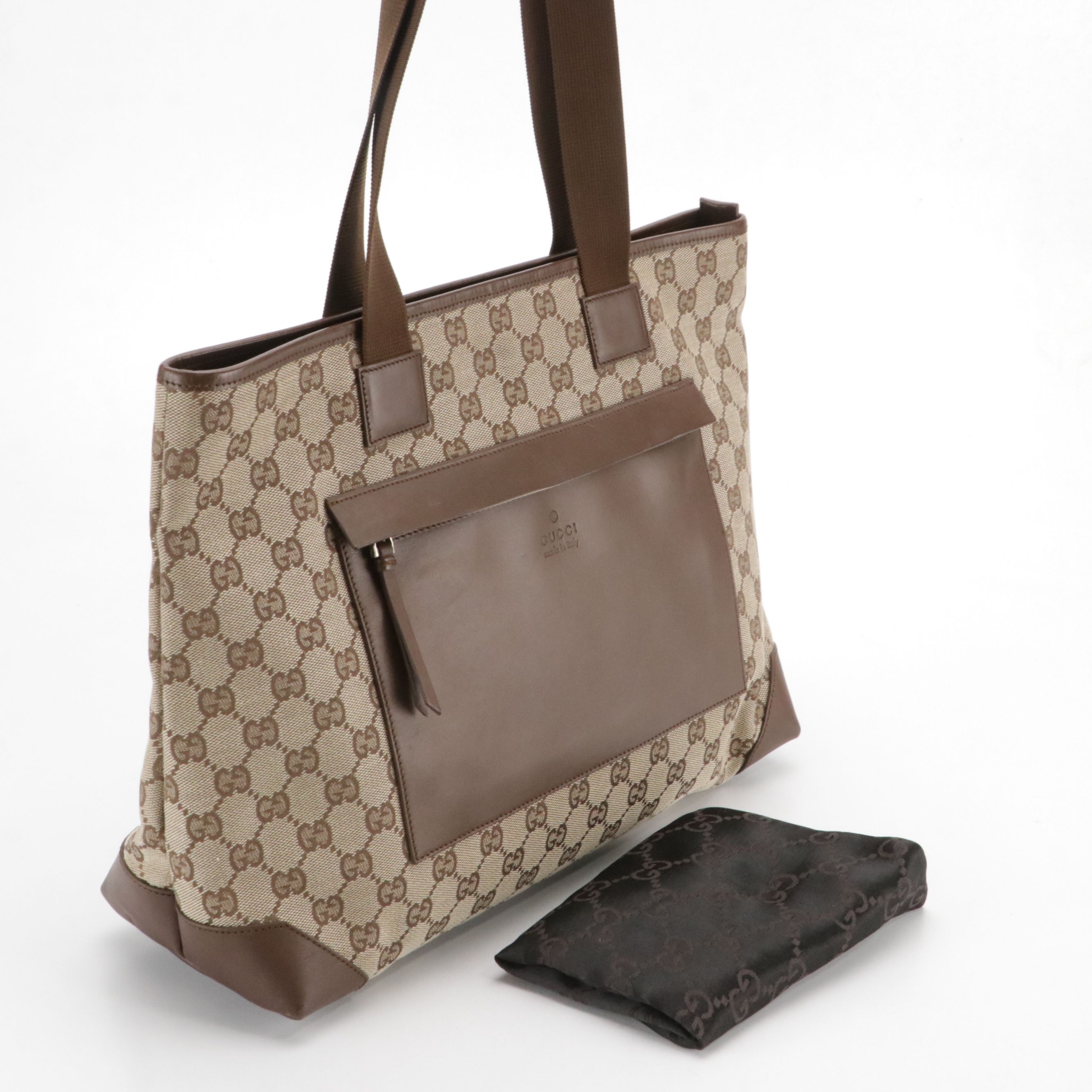 Gucci Front Pocket Zip Tote Bag in Brown GG Canvas and Leather