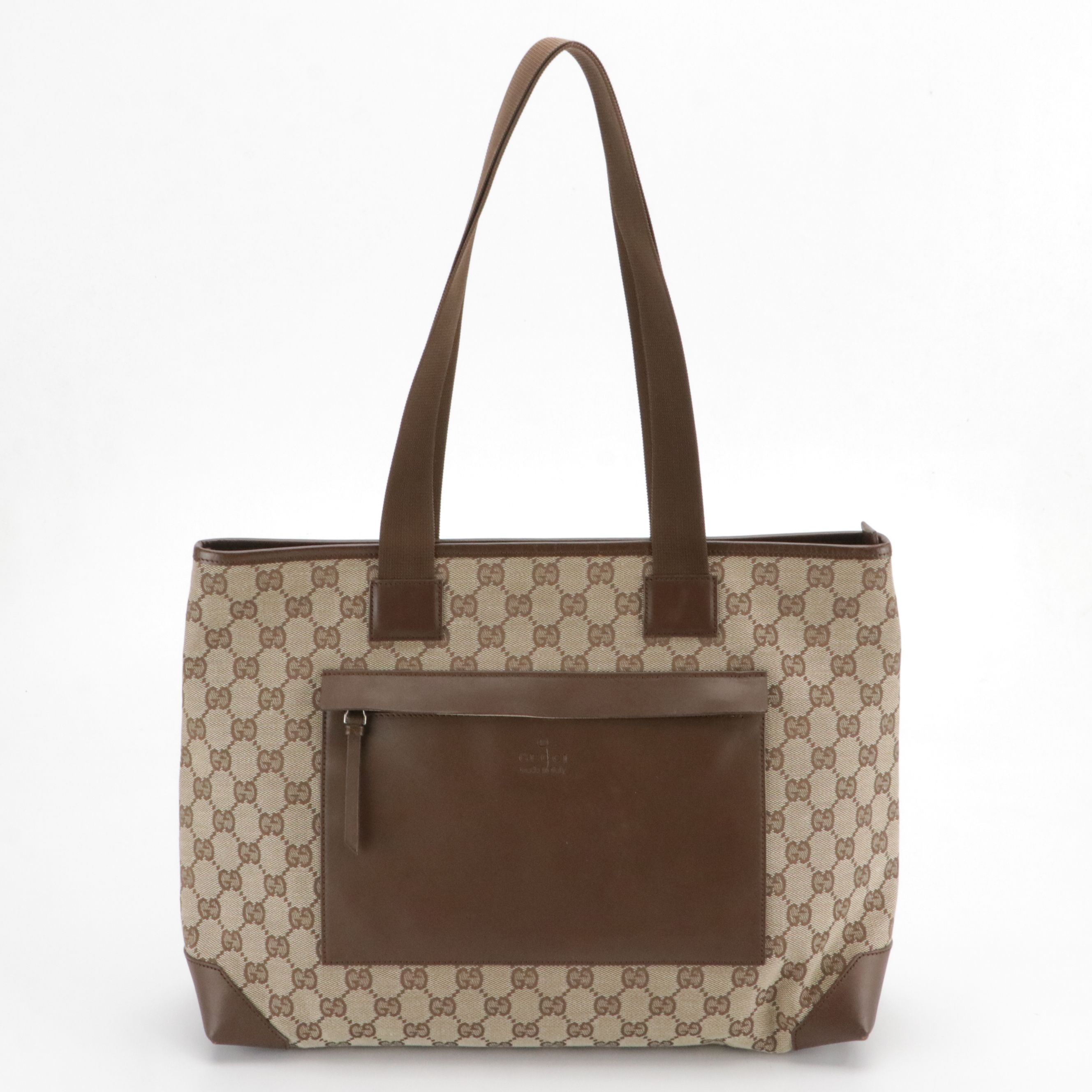 Gucci Front Pocket Zip Tote Bag in Brown GG Canvas and Leather