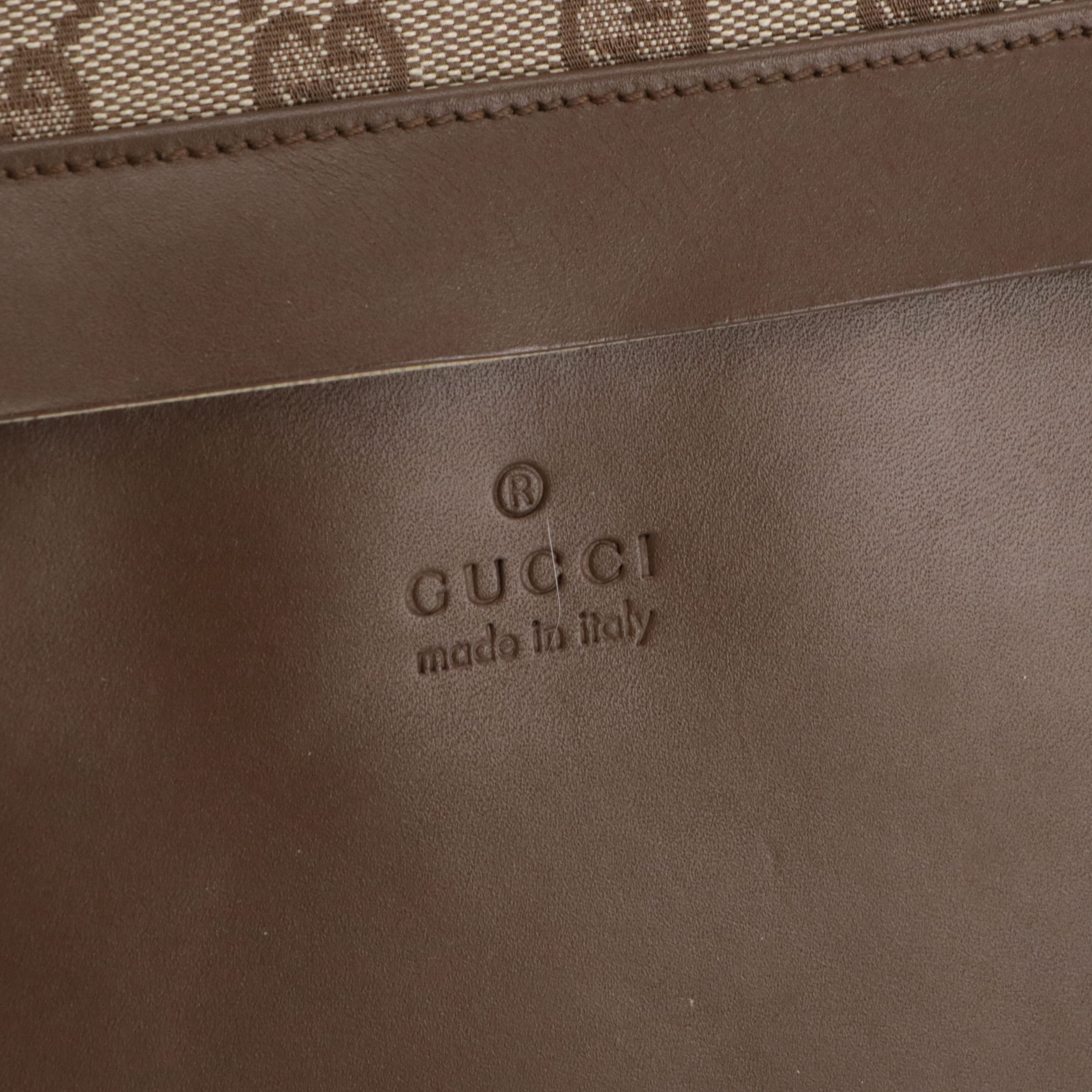 Gucci Front Pocket Zip Tote Bag in Brown GG Canvas and Leather