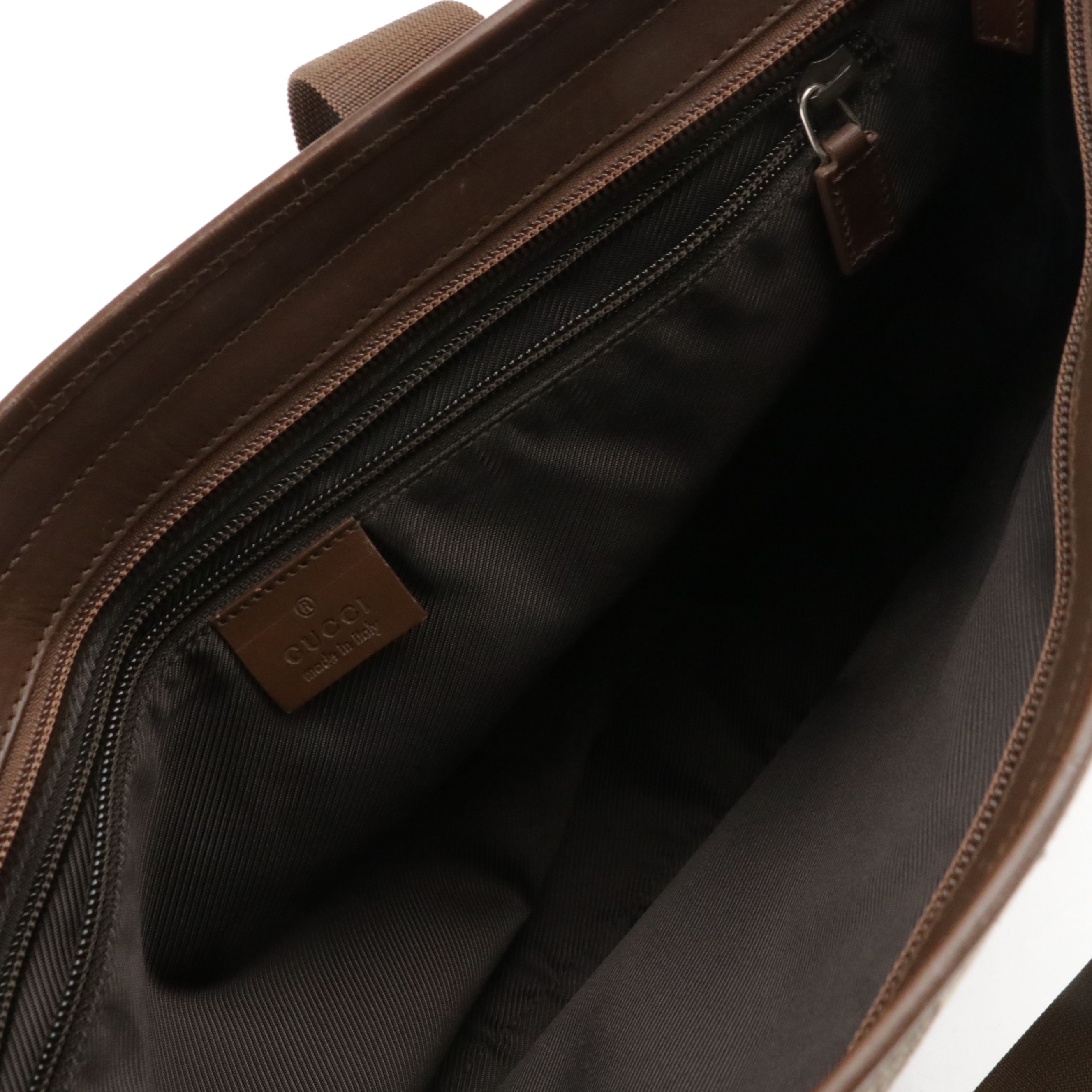 Gucci Front Pocket Zip Tote Bag in Brown GG Canvas and Leather