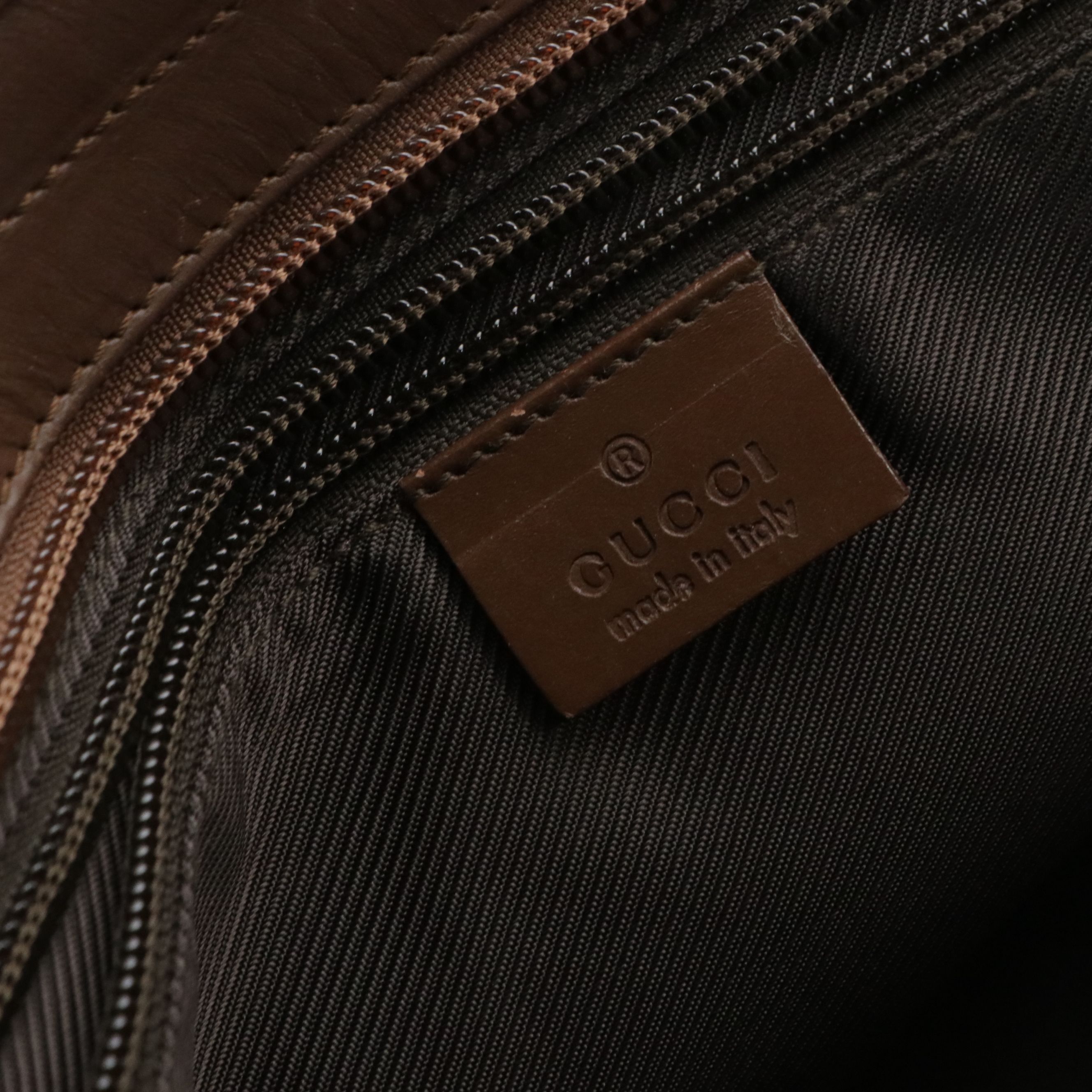 Gucci Front Pocket Zip Tote Bag in Brown GG Canvas and Leather