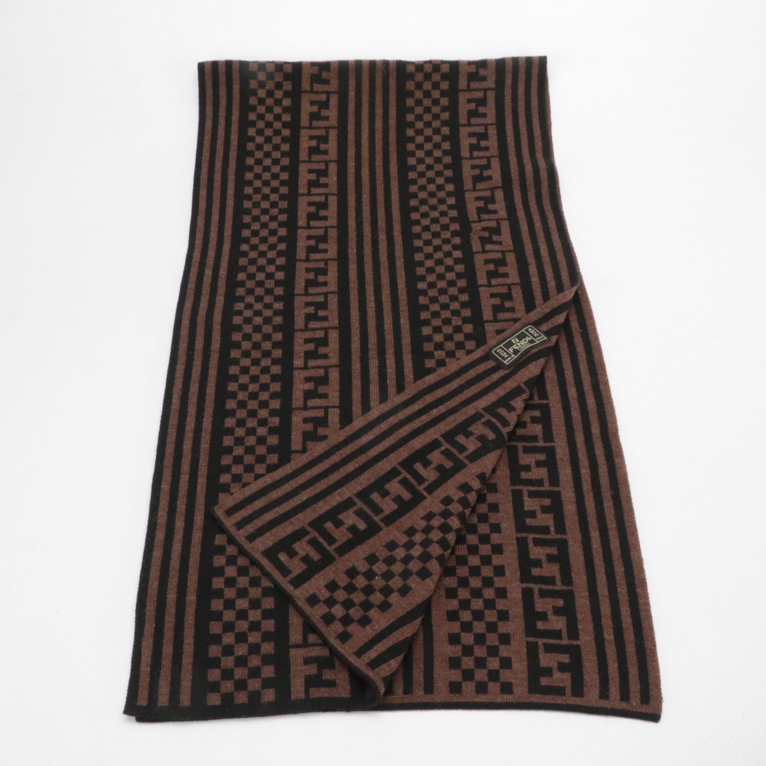 Fendi Jeans Checkered and Striped Knit Cashmere Zucca Scarf