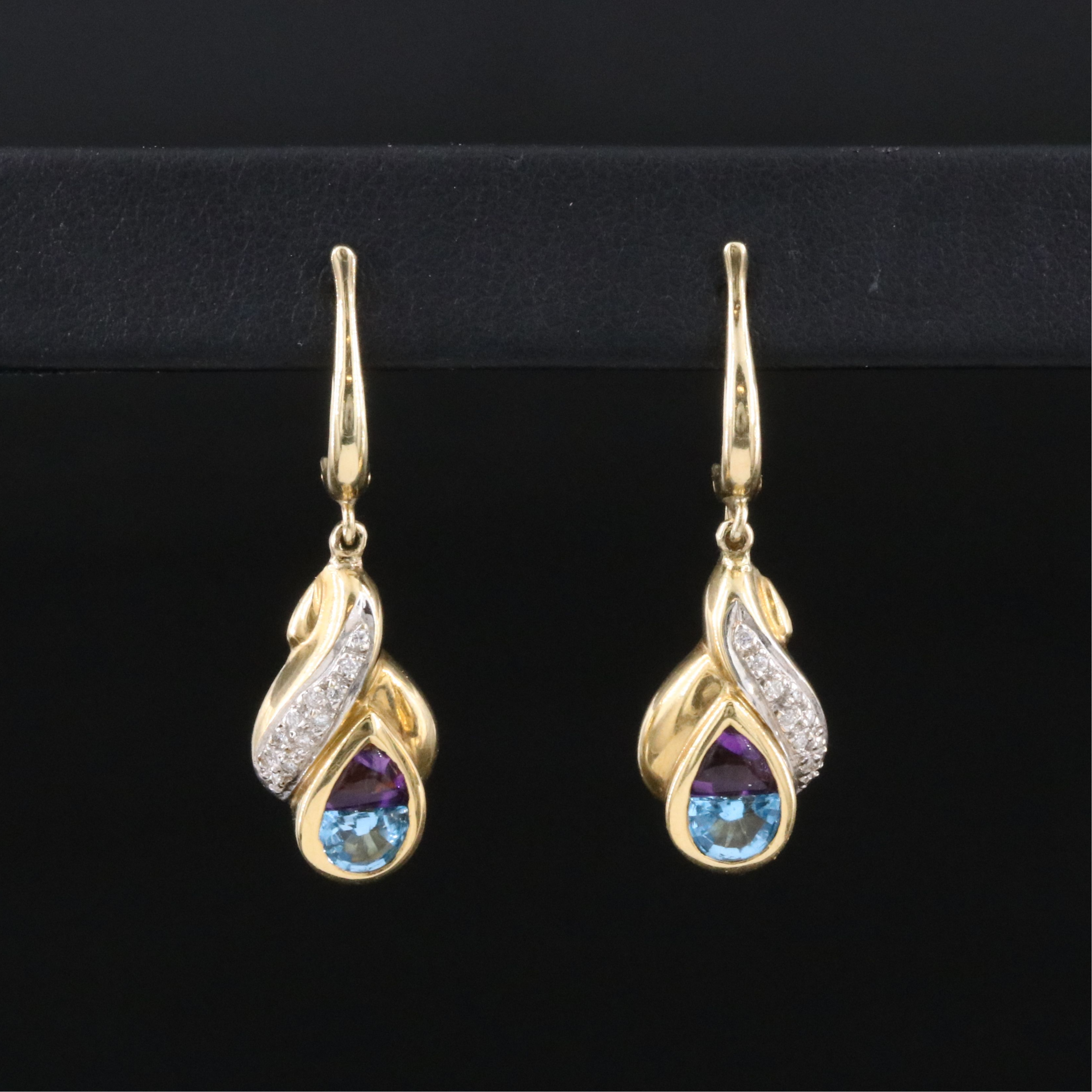14K & 18K Swiss Blue Topaz, Amethyst, and Diamond Dangle Earrings