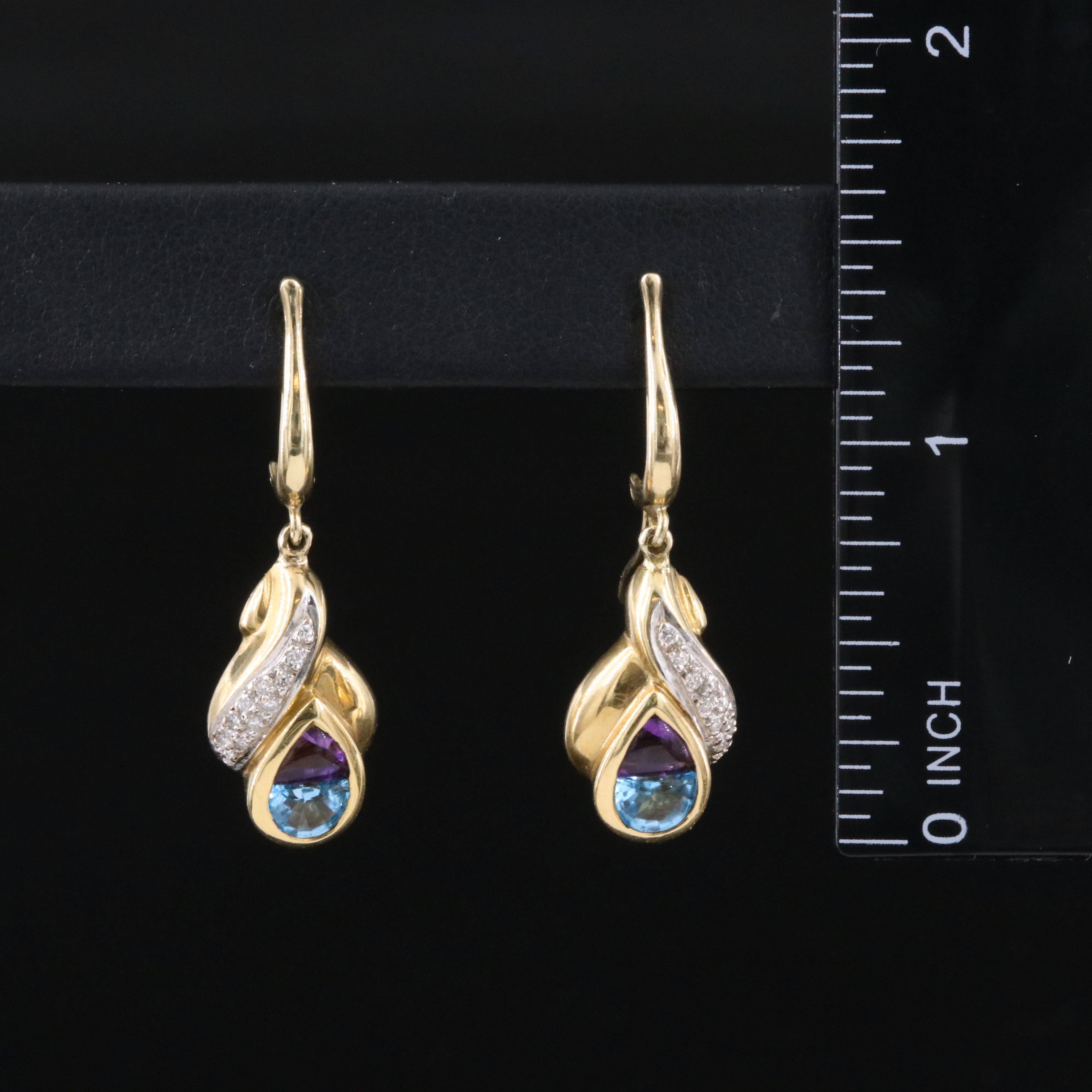 14K & 18K Swiss Blue Topaz, Amethyst, and Diamond Dangle Earrings