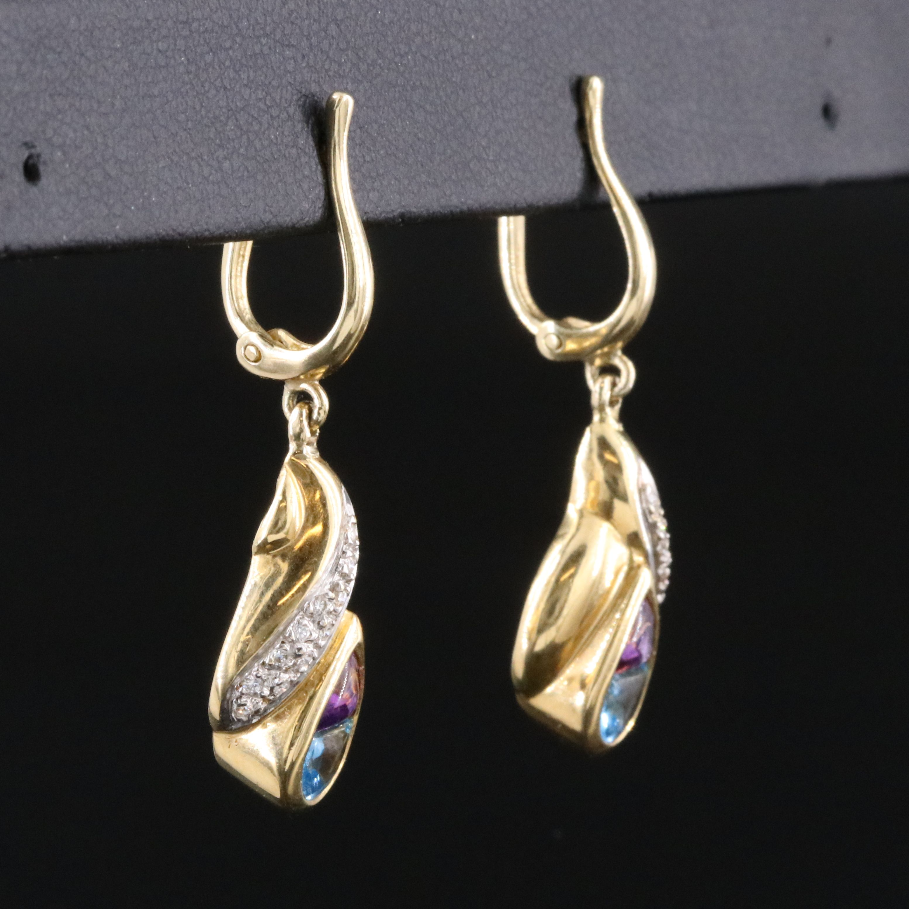 14K & 18K Swiss Blue Topaz, Amethyst, and Diamond Dangle Earrings