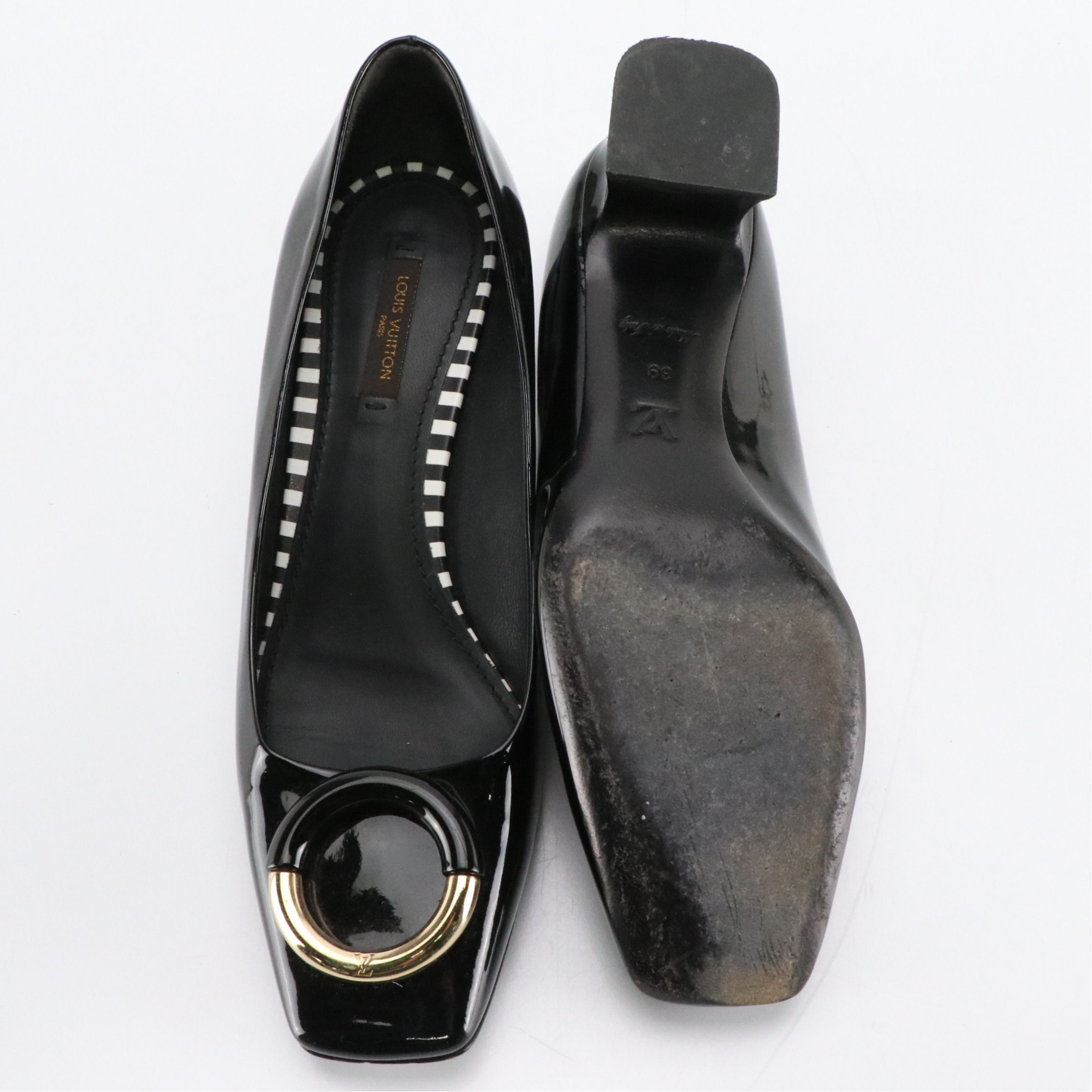 Louis Vuitton Square-Toe Low Heeled Shoes in Black Patent Leather