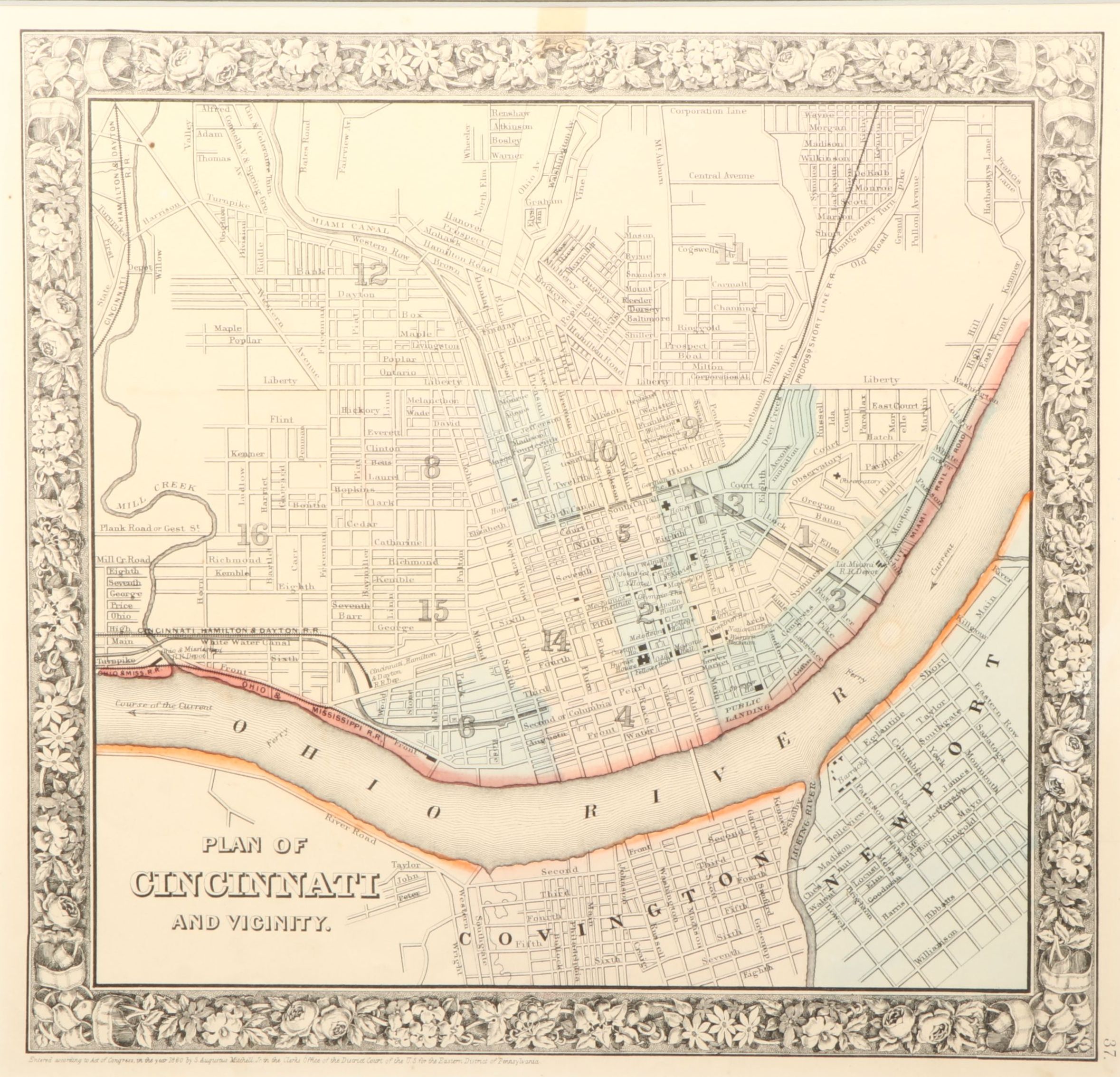 1860 "Plan of Cincinnati and Vicinity" Hand-Colored Engraved Map