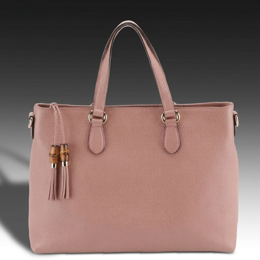 Gucci Bamboo Tassel Zip Tote Bag in Blush Pink Grained Calfskin Leather