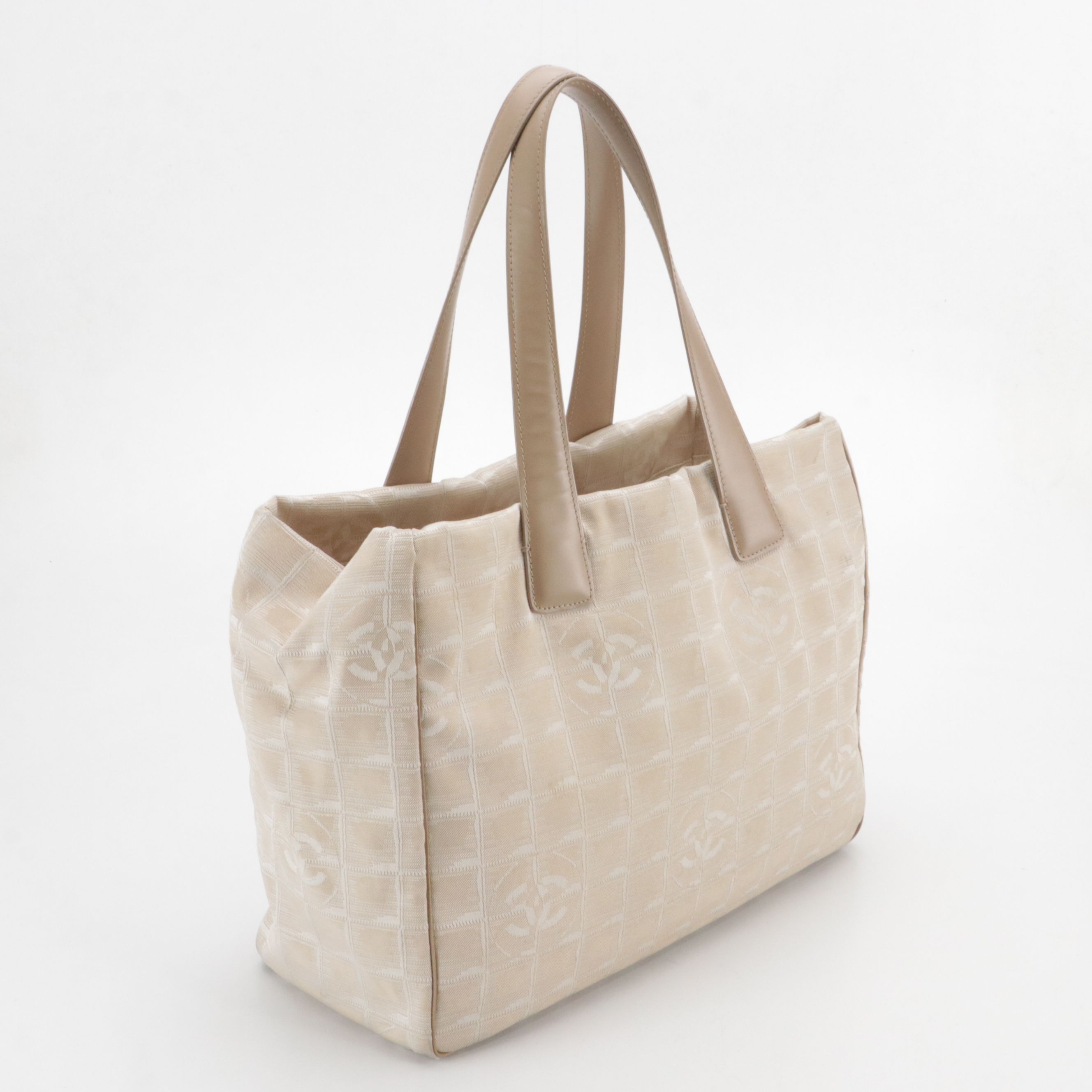 Chanel Travel Ligne Tote Bag in Beige CC Nylon Jacquard and Leather Trim