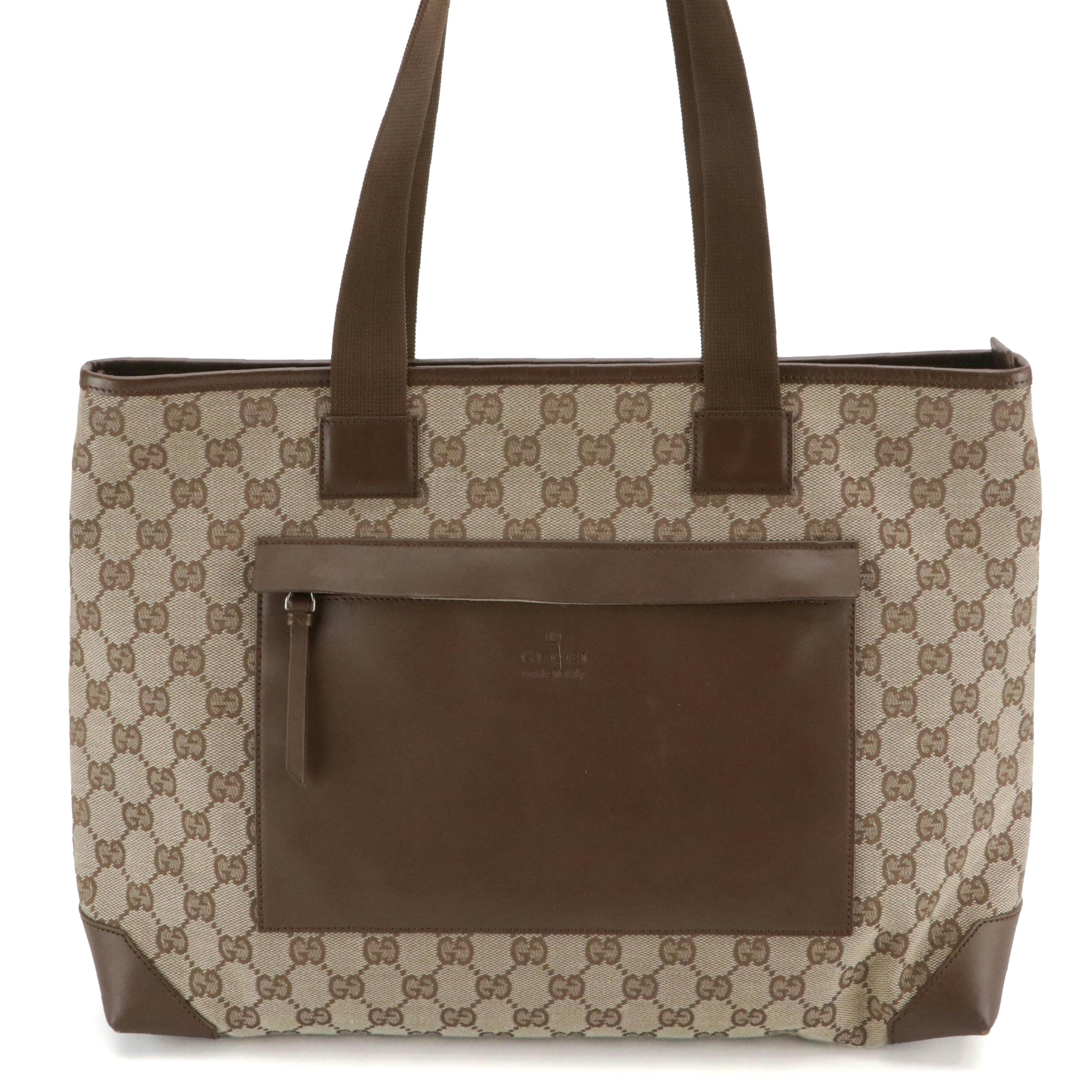 Gucci Front Pocket Zip Tote Bag in Brown GG Canvas and Leather
