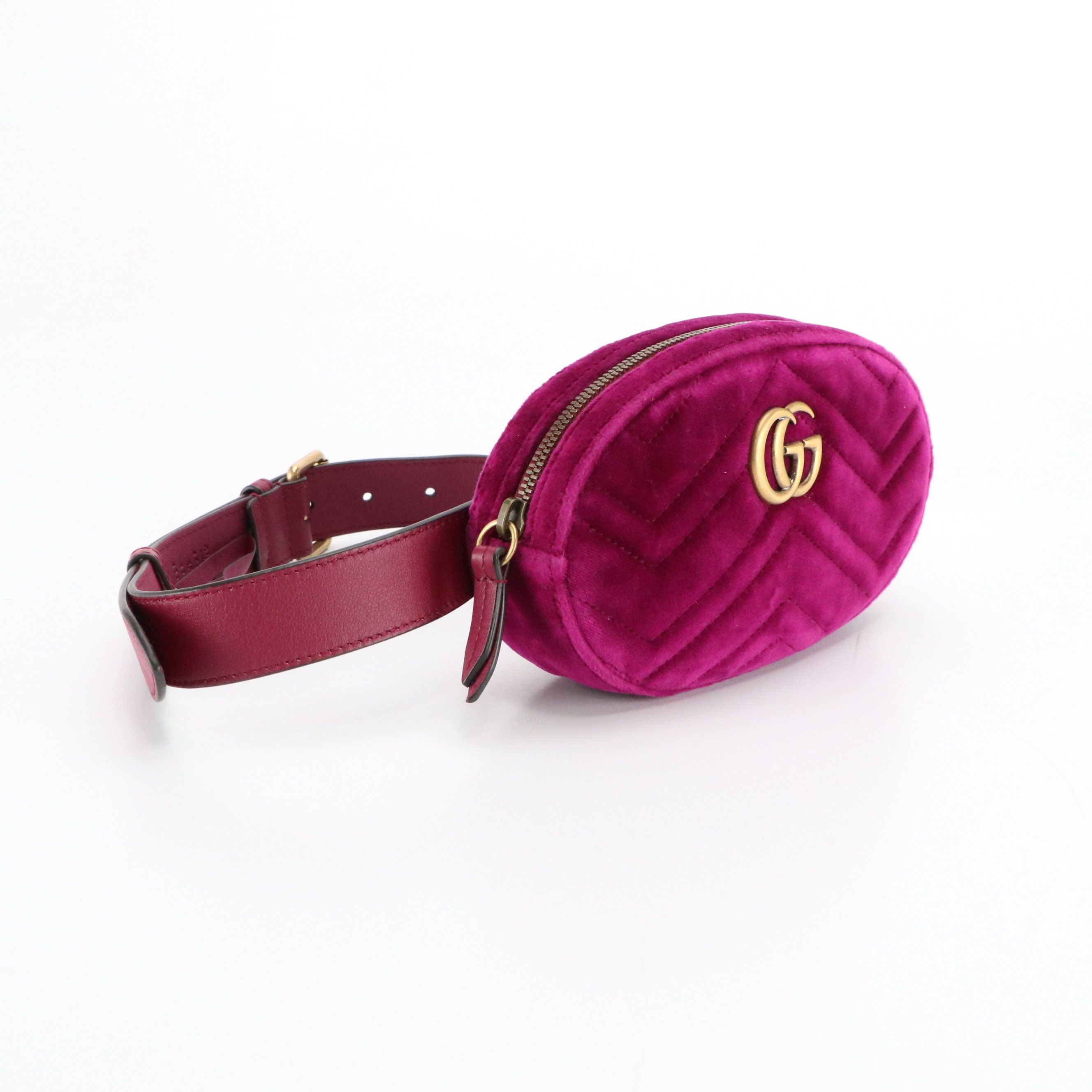 Gucci GG Marmont Belt Bag in Magenta Matelassé Chevron Velvet and Leather