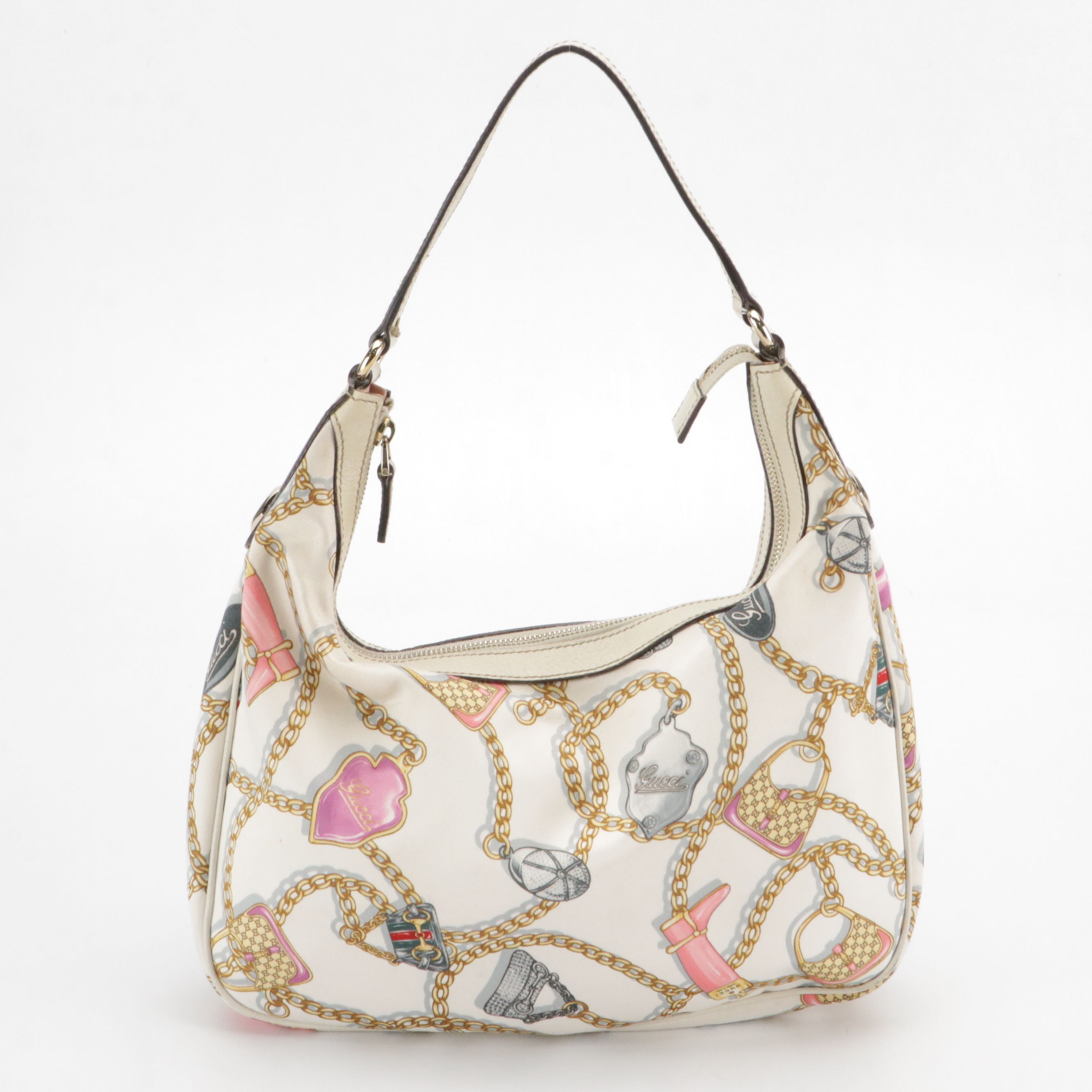 Gucci Chain Print Satin and Cinghiale Leather Charmy Hobo Bag