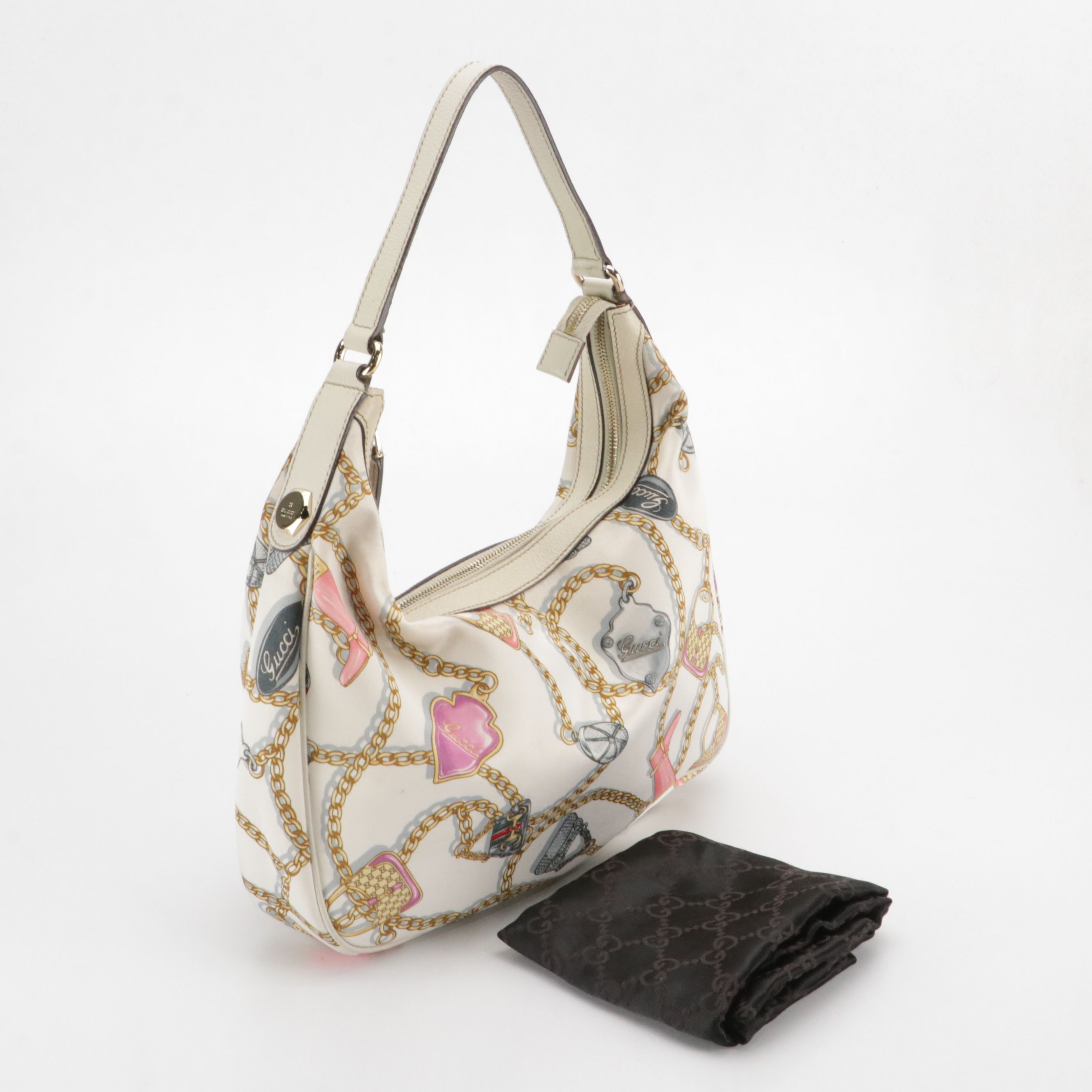 Gucci Chain Print Satin and Cinghiale Leather Charmy Hobo Bag