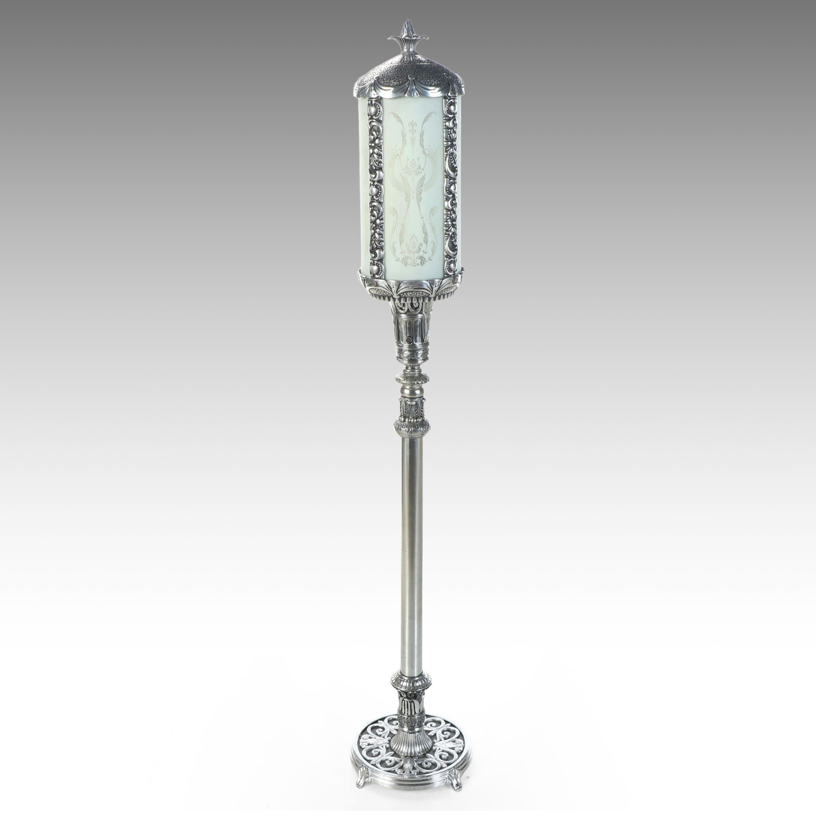 Victorian Style Cast Metal Floor Lamp with Frosted Glass Panels