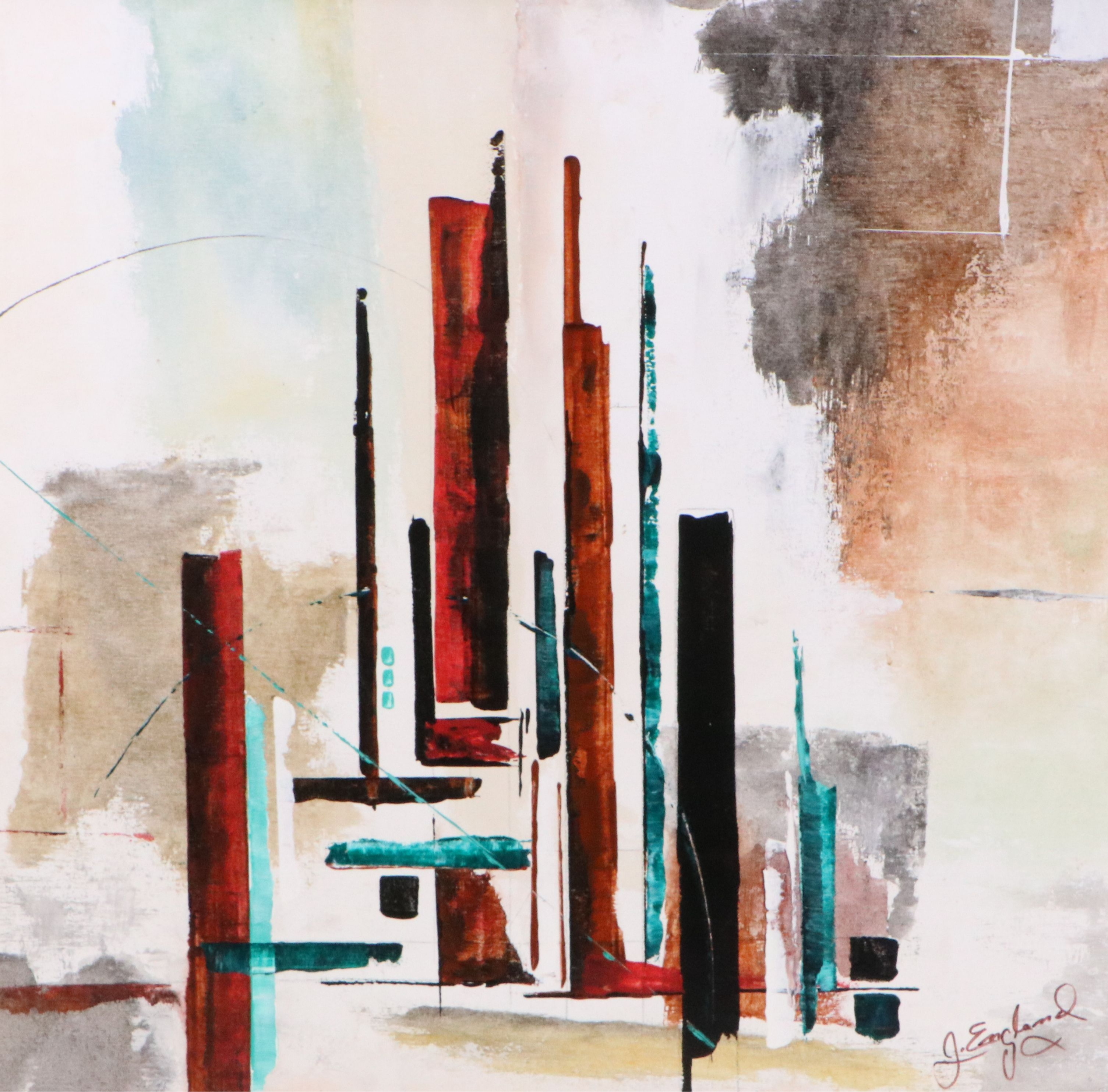 J. England Oil PAinting "Up Town," Late 20th Century