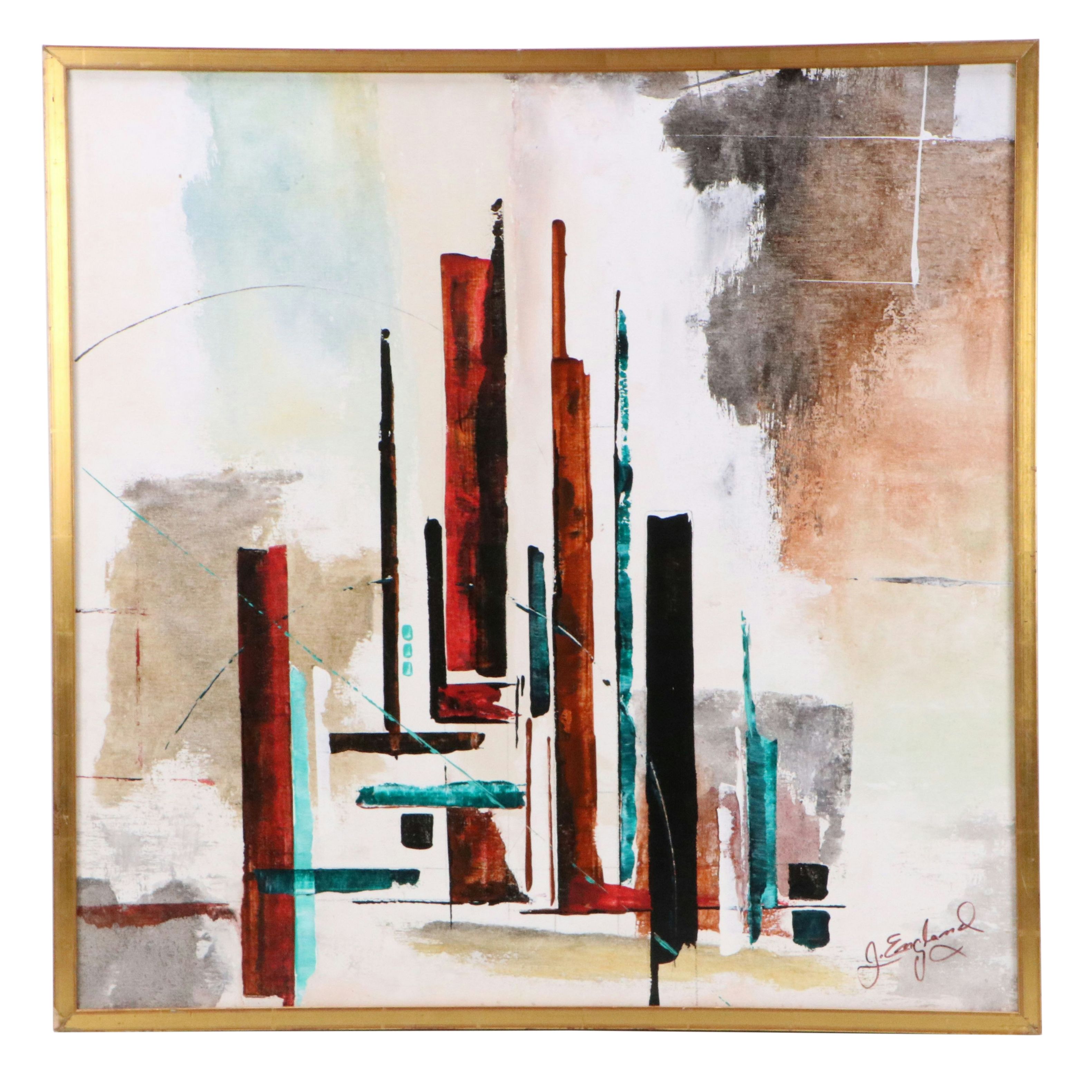 J. England Oil PAinting "Up Town," Late 20th Century