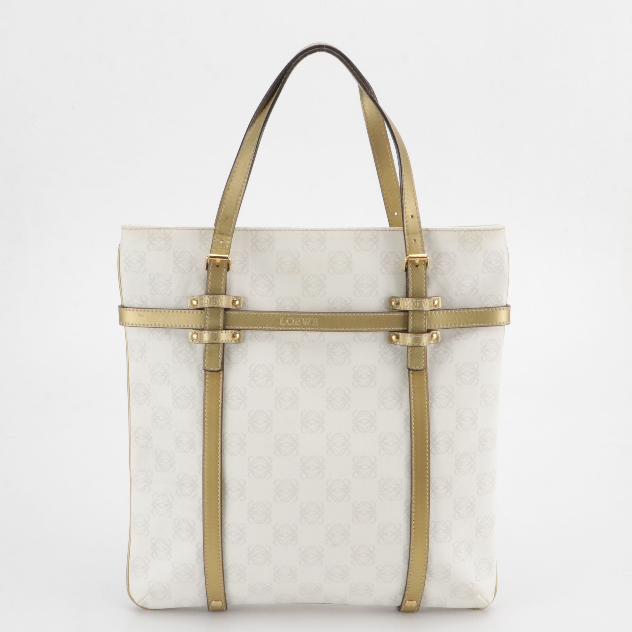 Loewe Top Handle Vertical Tote in White/Grey Anagram Canvas and Gold Leather