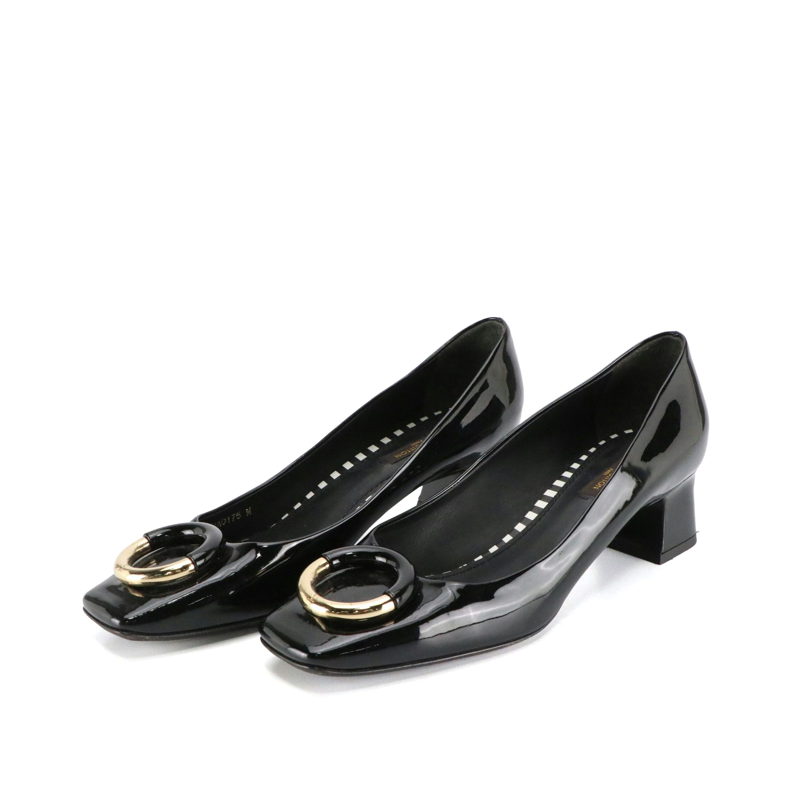 Louis Vuitton Square-Toe Low Heeled Shoes in Black Patent Leather