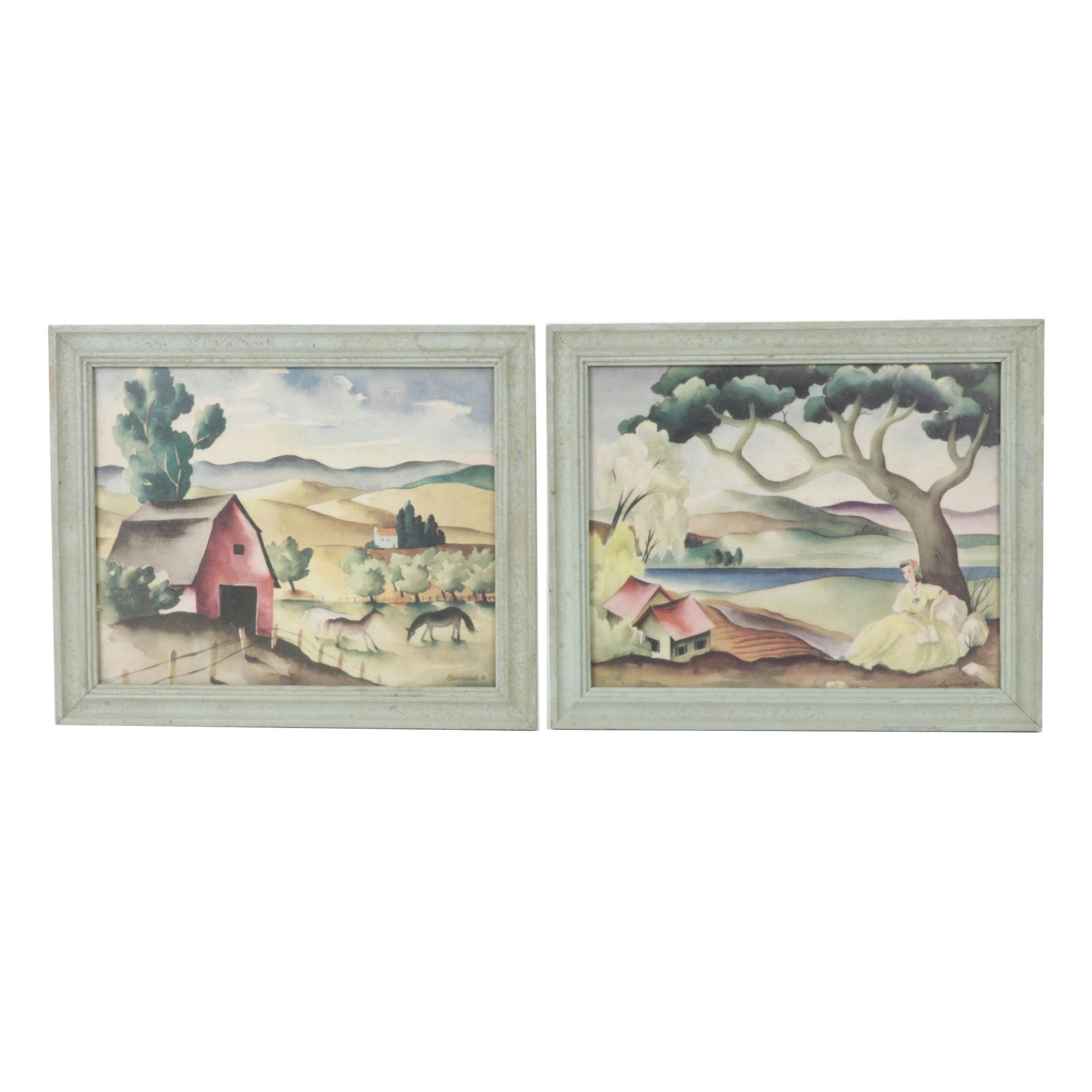 Bernard Picture Company Airbrush Stencil Prints of Rural Landscape, 1940s