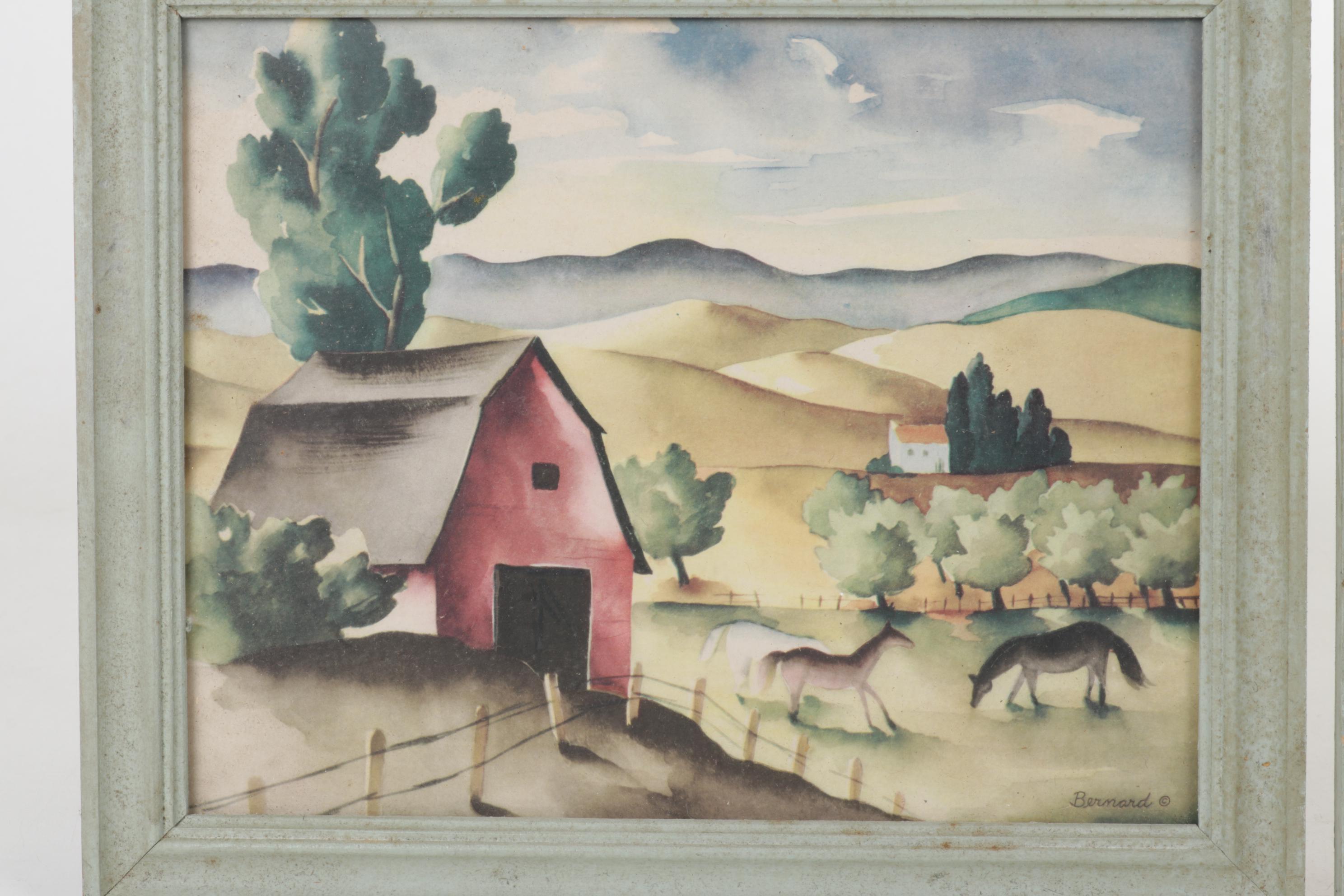 Bernard Picture Company Airbrush Stencil Prints of Rural Landscape, 1940s