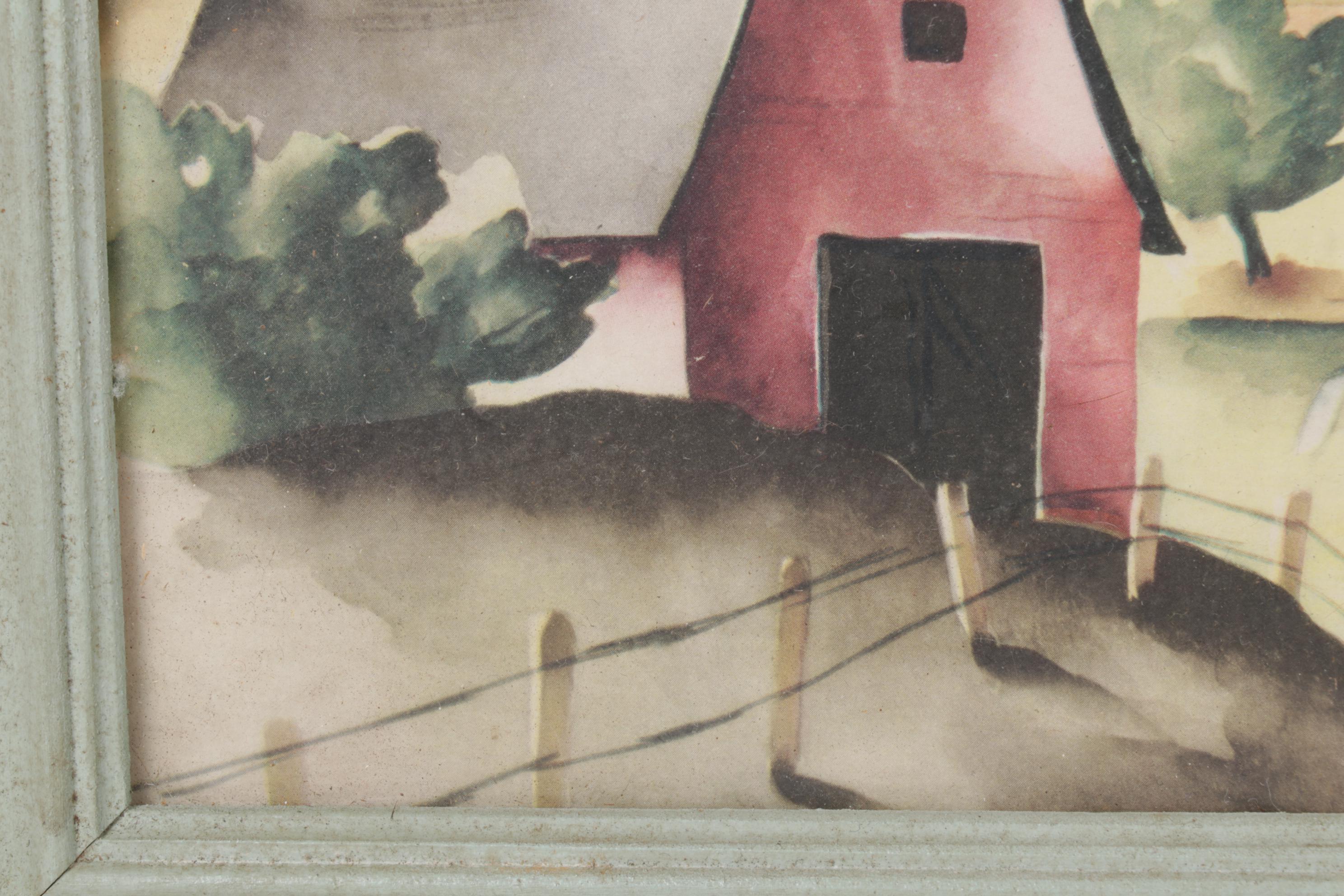 Bernard Picture Company Airbrush Stencil Prints of Rural Landscape, 1940s