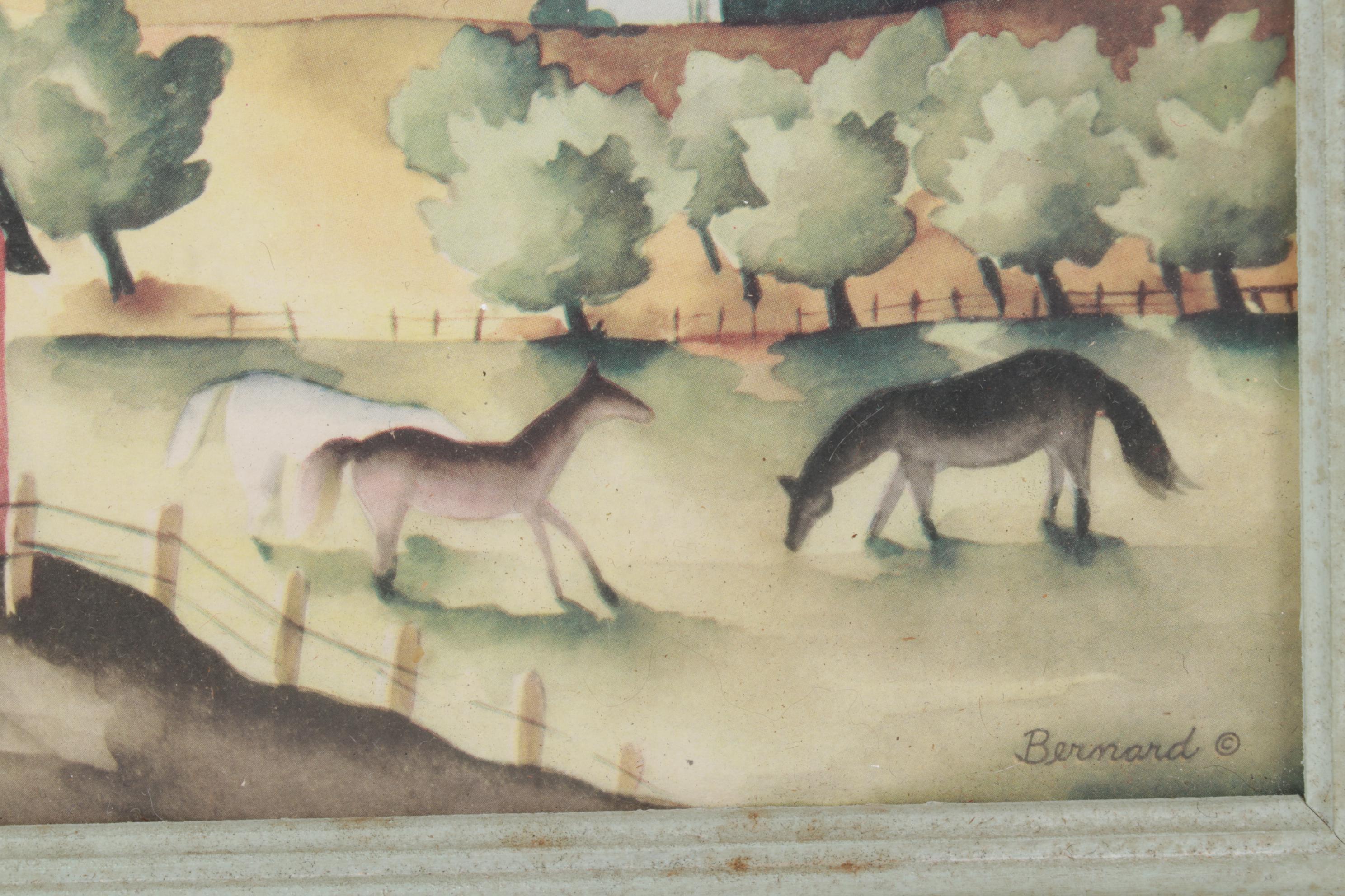 Bernard Picture Company Airbrush Stencil Prints of Rural Landscape, 1940s