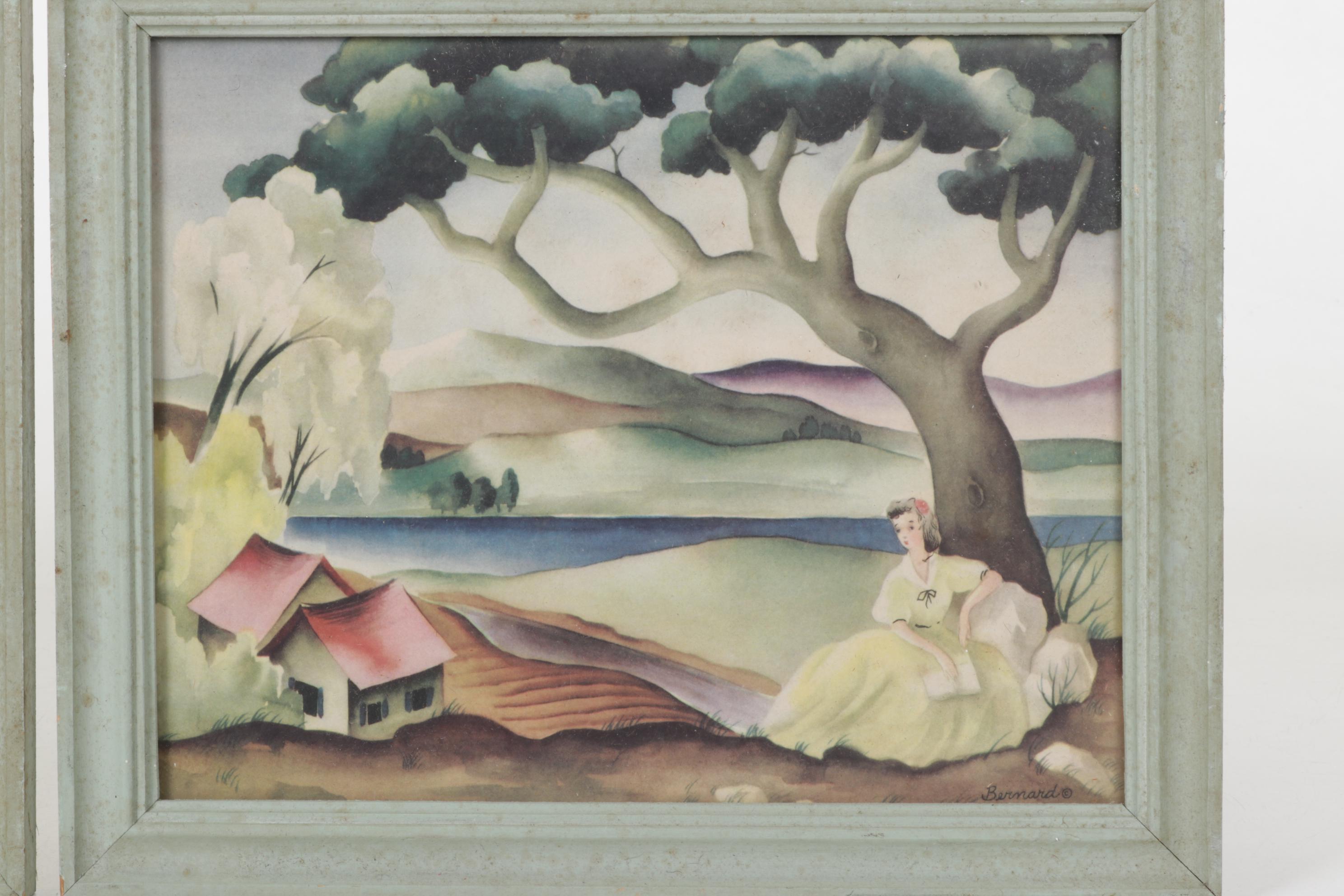 Bernard Picture Company Airbrush Stencil Prints of Rural Landscape, 1940s