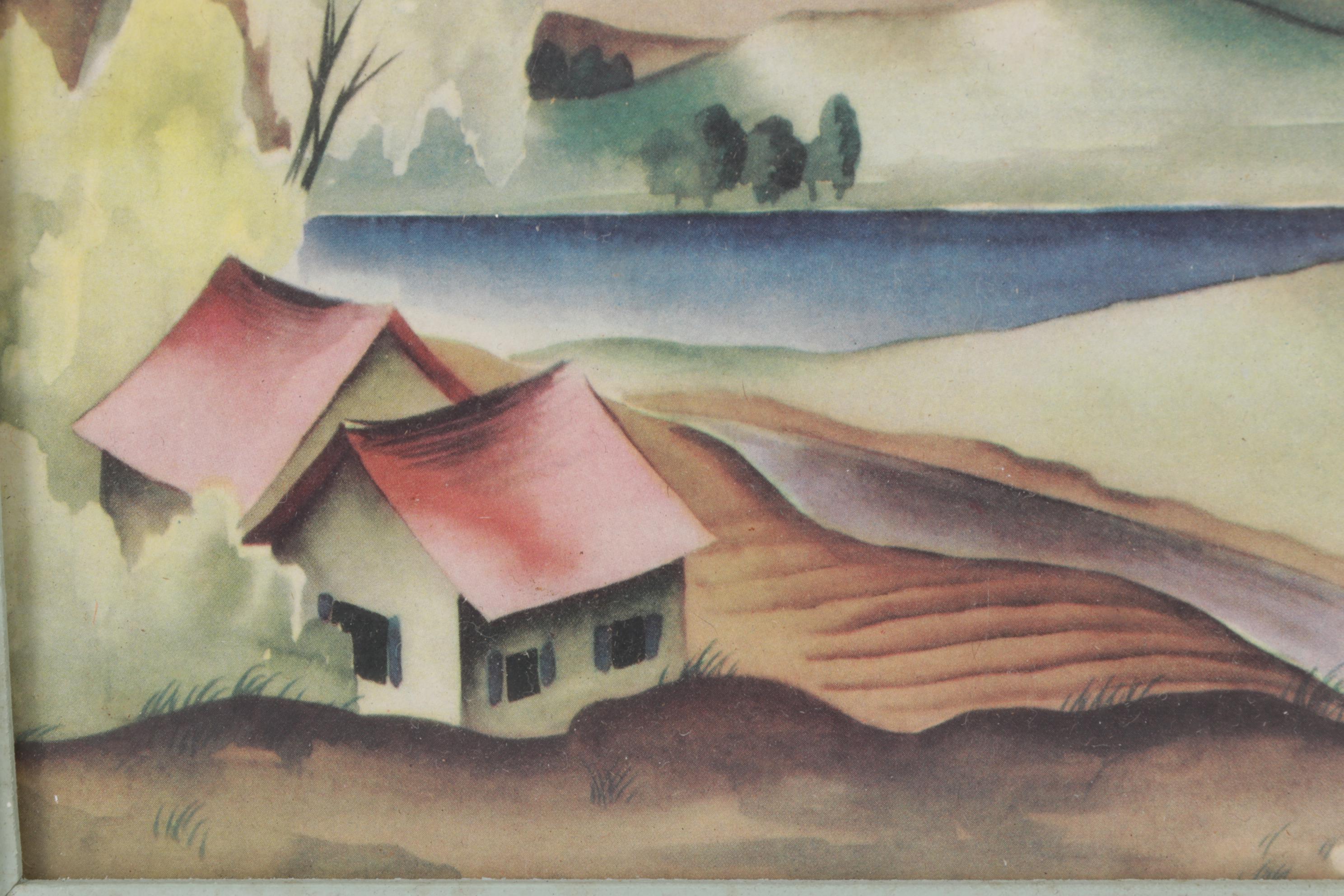 Bernard Picture Company Airbrush Stencil Prints of Rural Landscape, 1940s