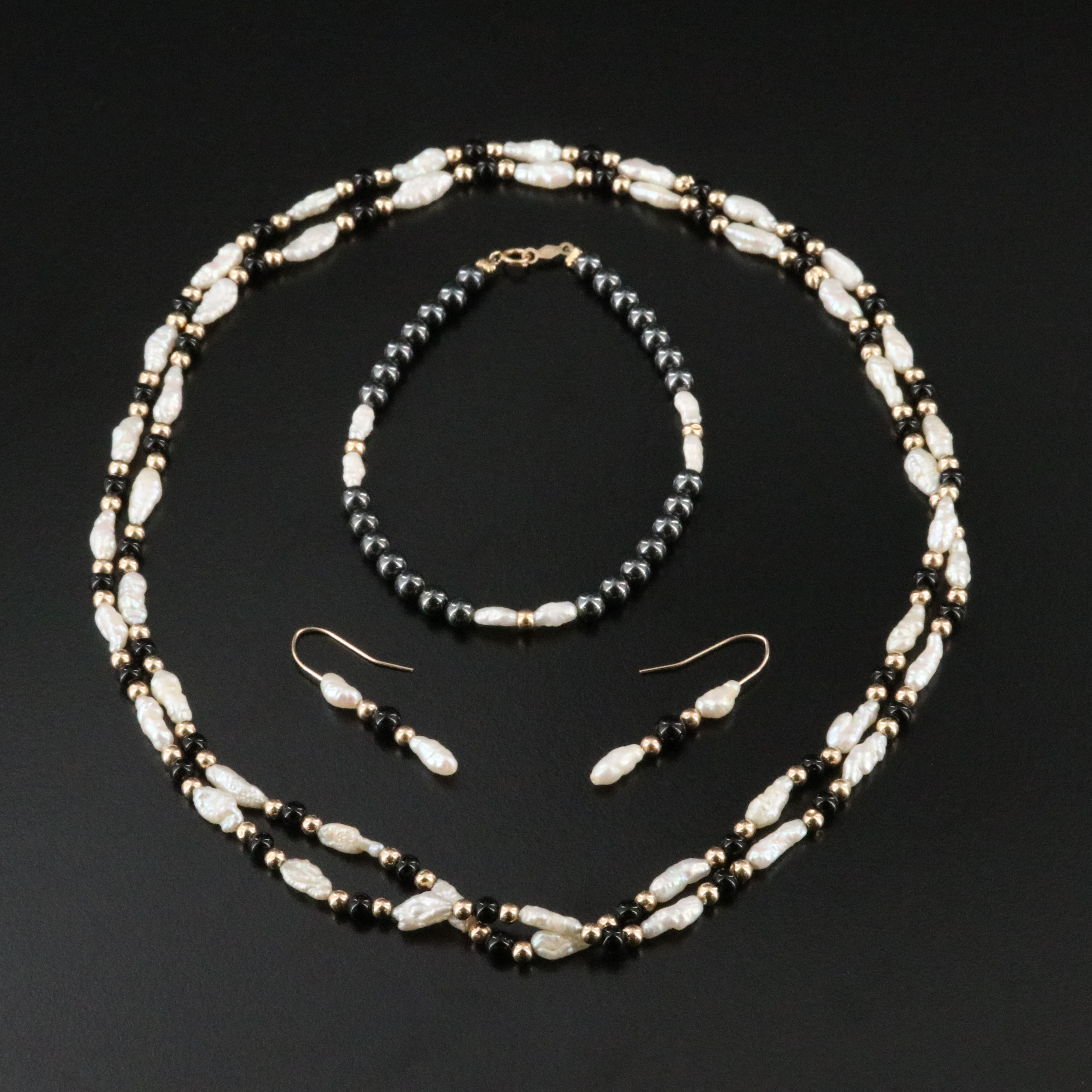 14K Pearl Jewelry Collection Featuring Black Onyx and Hematite