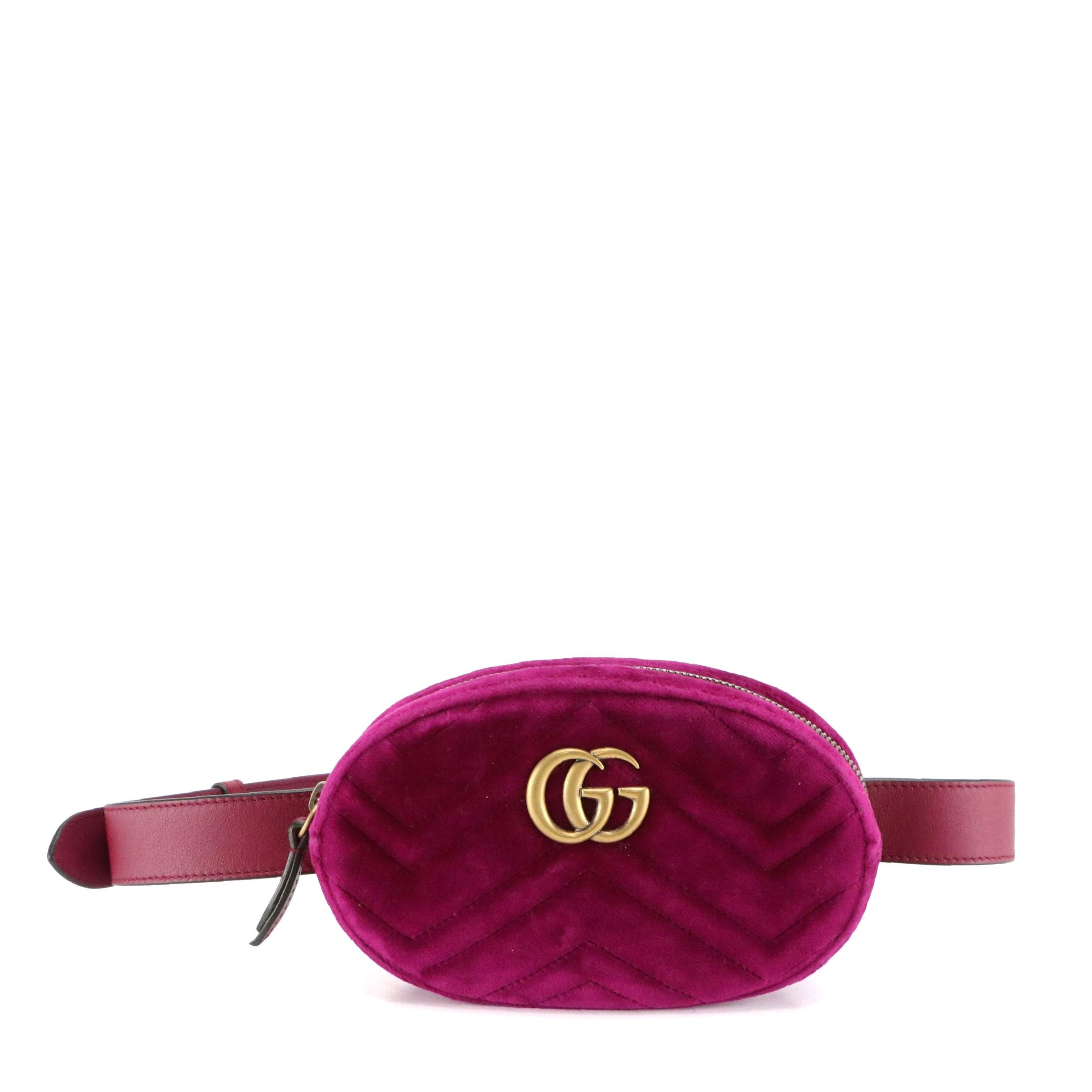 Gucci GG Marmont Belt Bag in Magenta Matelassé Chevron Velvet and Leather