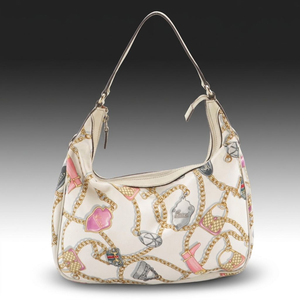 Gucci Chain Print Satin and Cinghiale Leather Charmy Hobo Bag