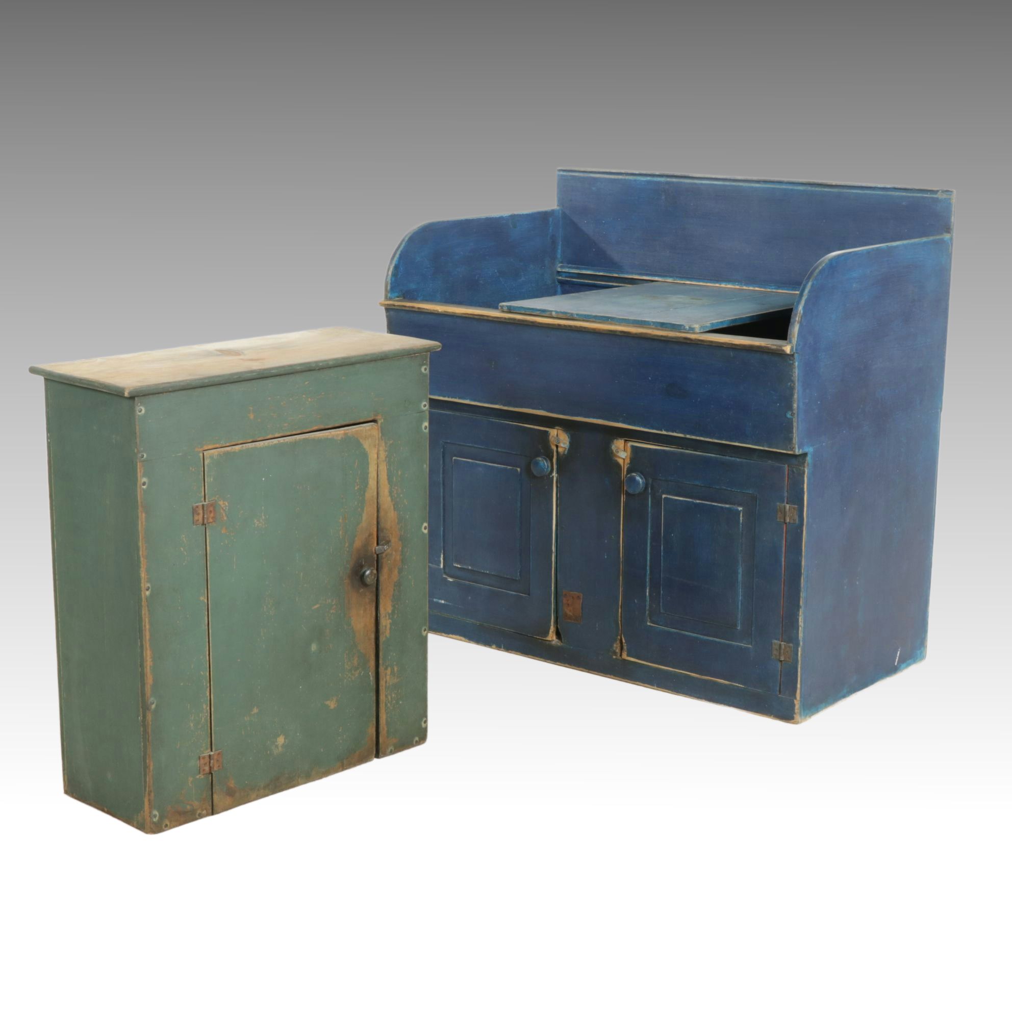 DS Whims Primitive Painted Wood Dry Sink with Sliding Shelf and One-Door Cabinet