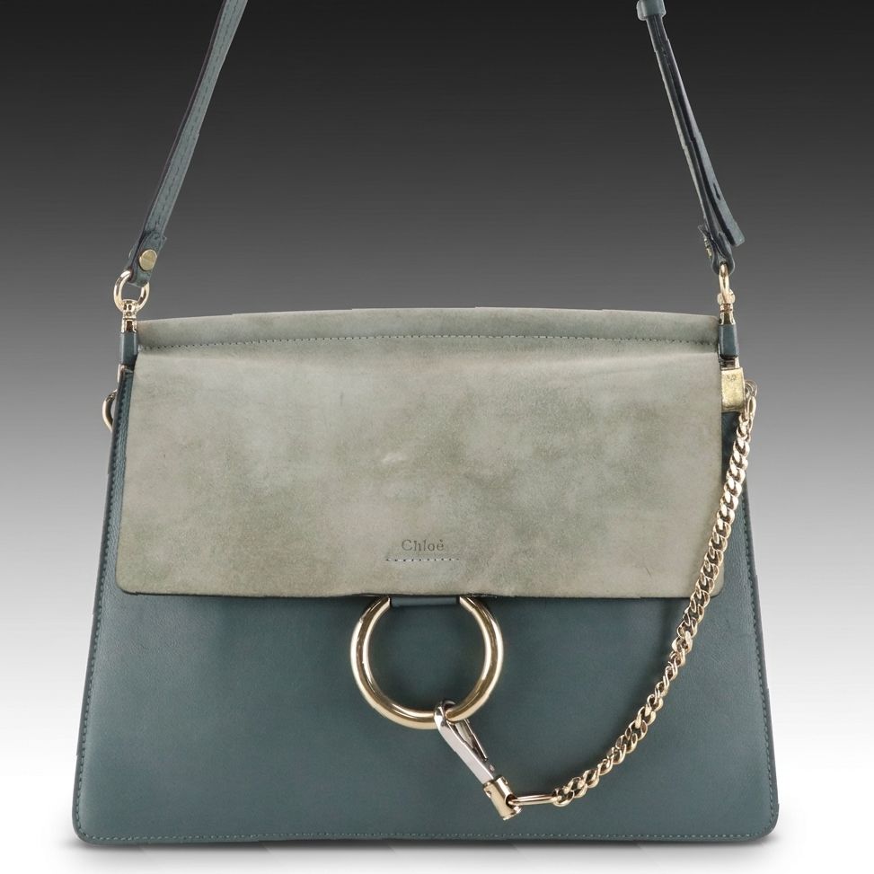 Chloé Medium Faye Shoulder Bag in Cloudy Blue Calfskin Leather and Suede