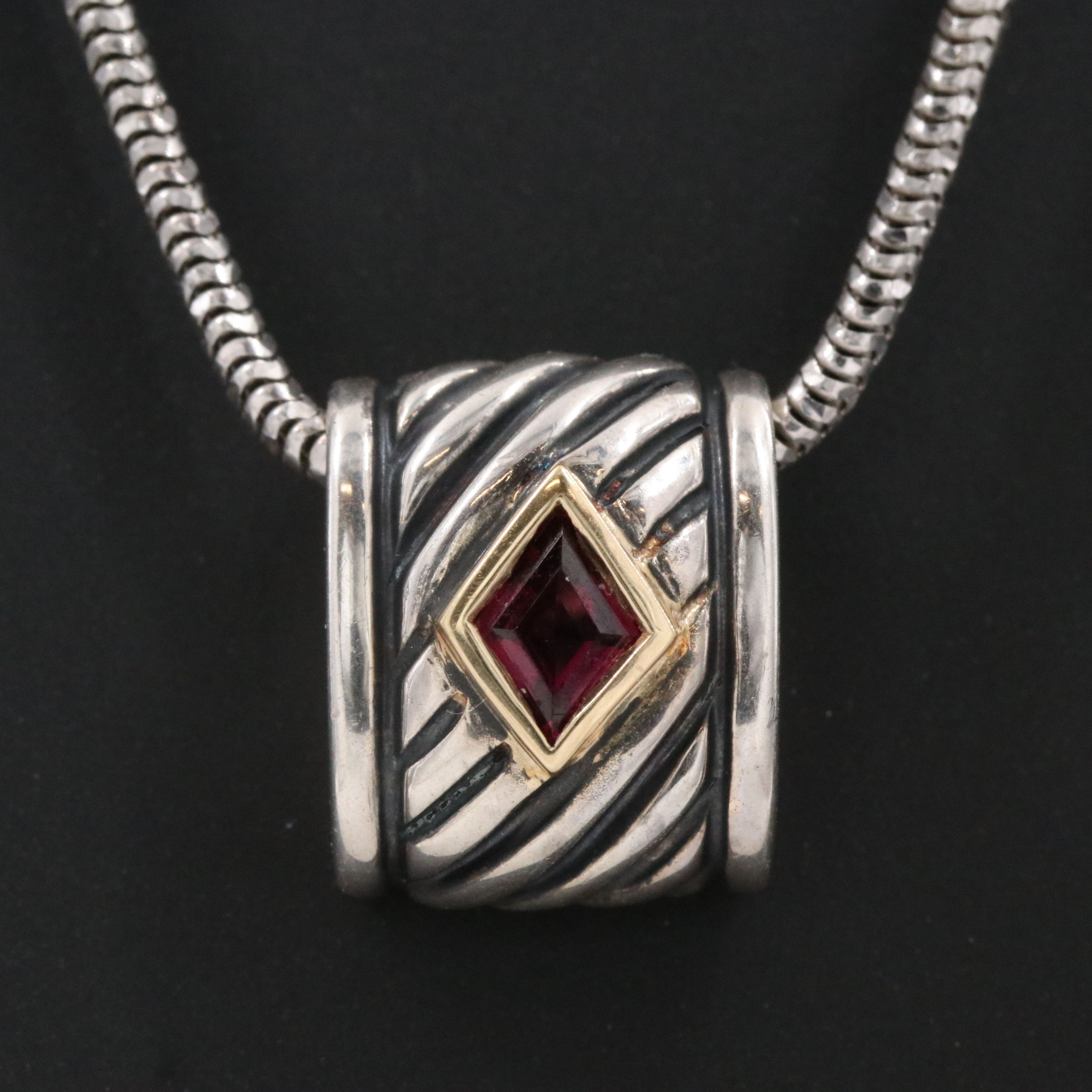 Lorenzo Sterling Garnet Pendant Slide with 18K Accent on Snake Necklace