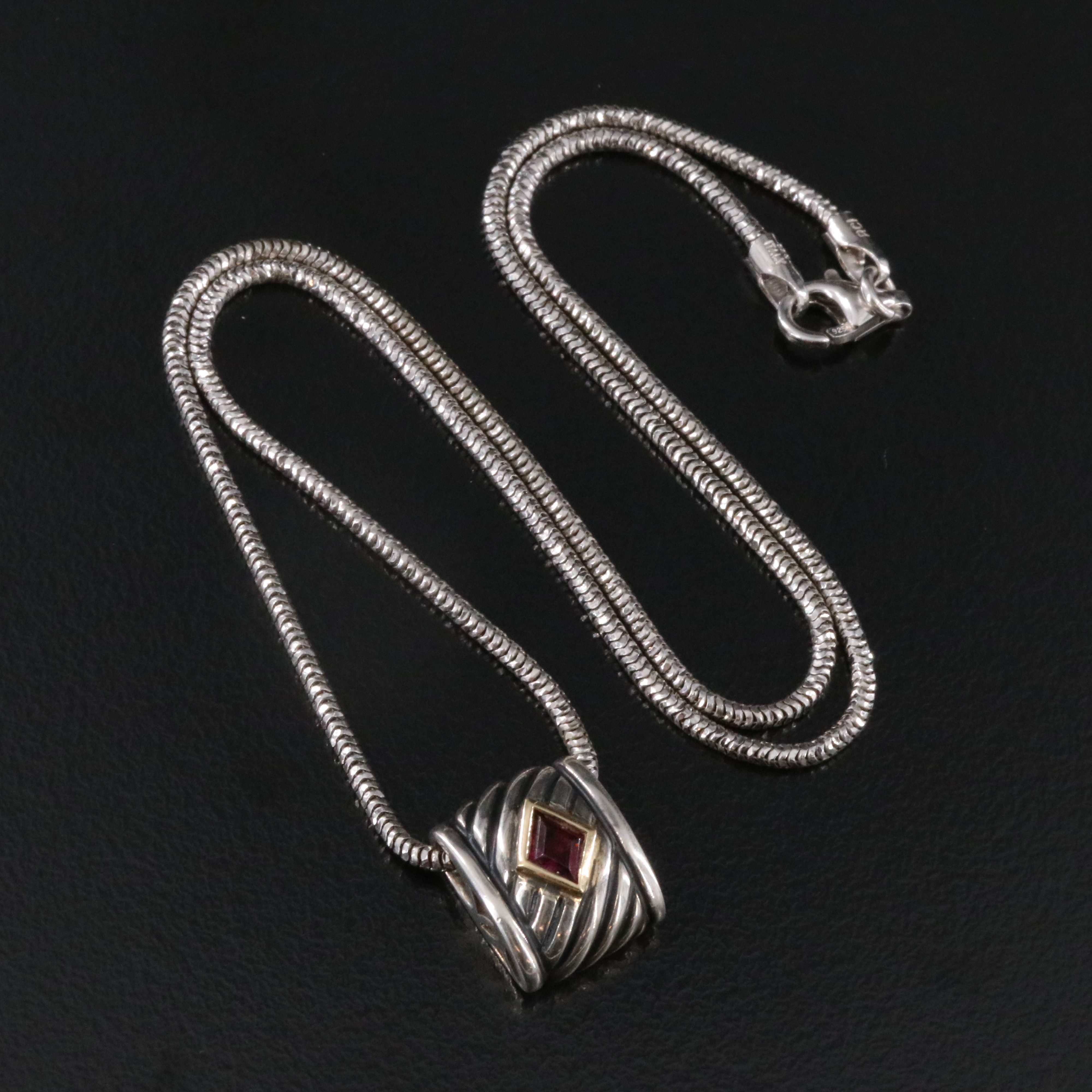 Lorenzo Sterling Garnet Pendant Slide with 18K Accent on Snake Necklace