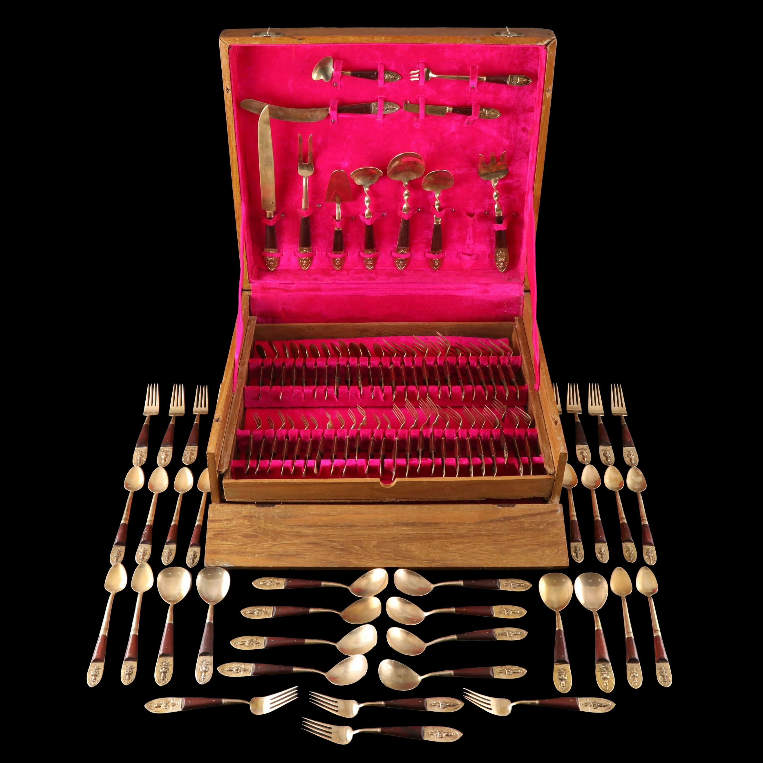 Thai Bronzeware and Rosewood Flatware Service with Thephanom Handles