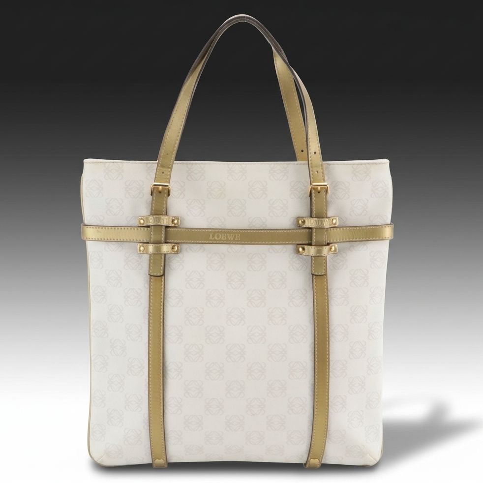 Loewe Top Handle Vertical Tote in White/Grey Anagram Canvas and Gold Leather