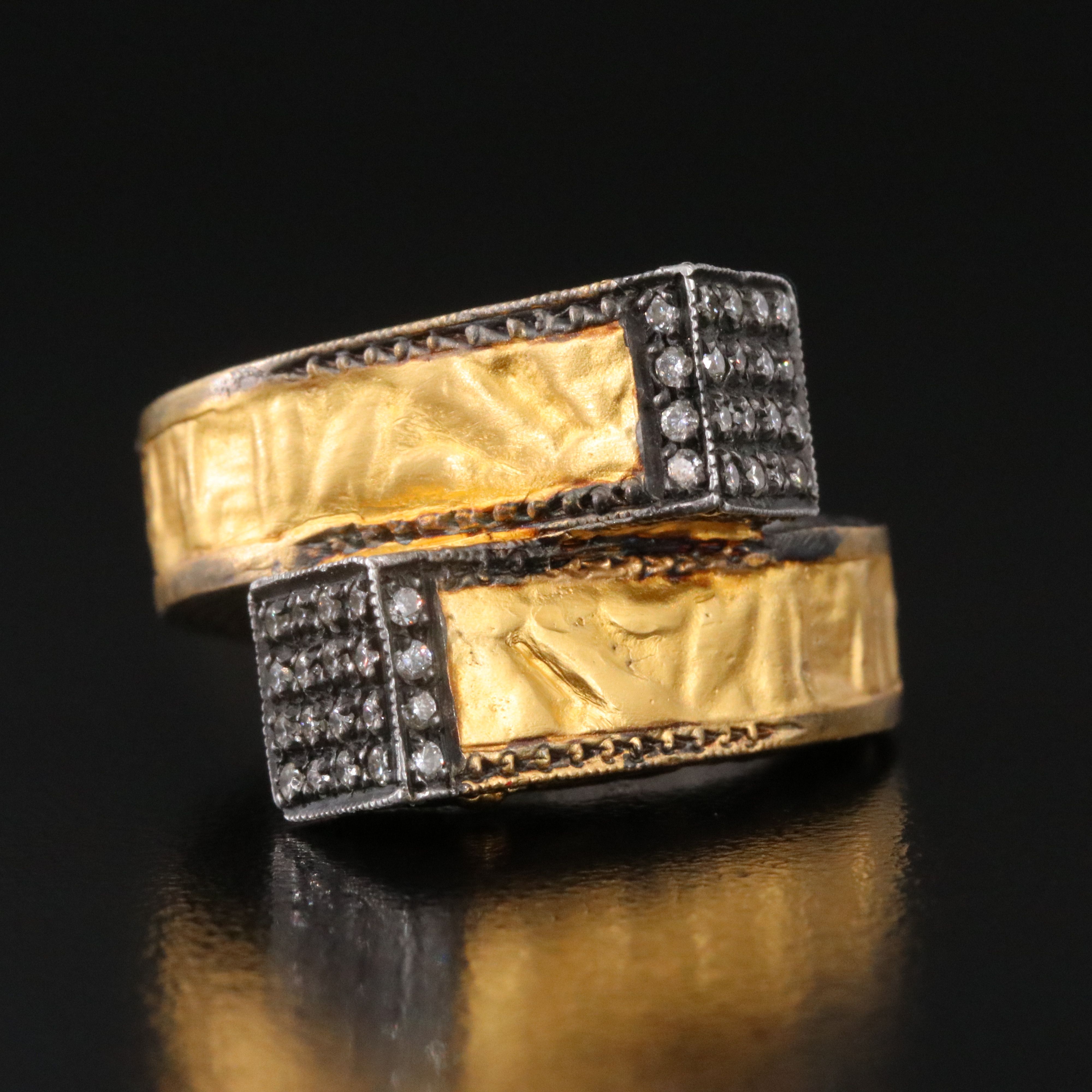 Sterling Ribbon Bypass Diamond Ring with Gold Tone