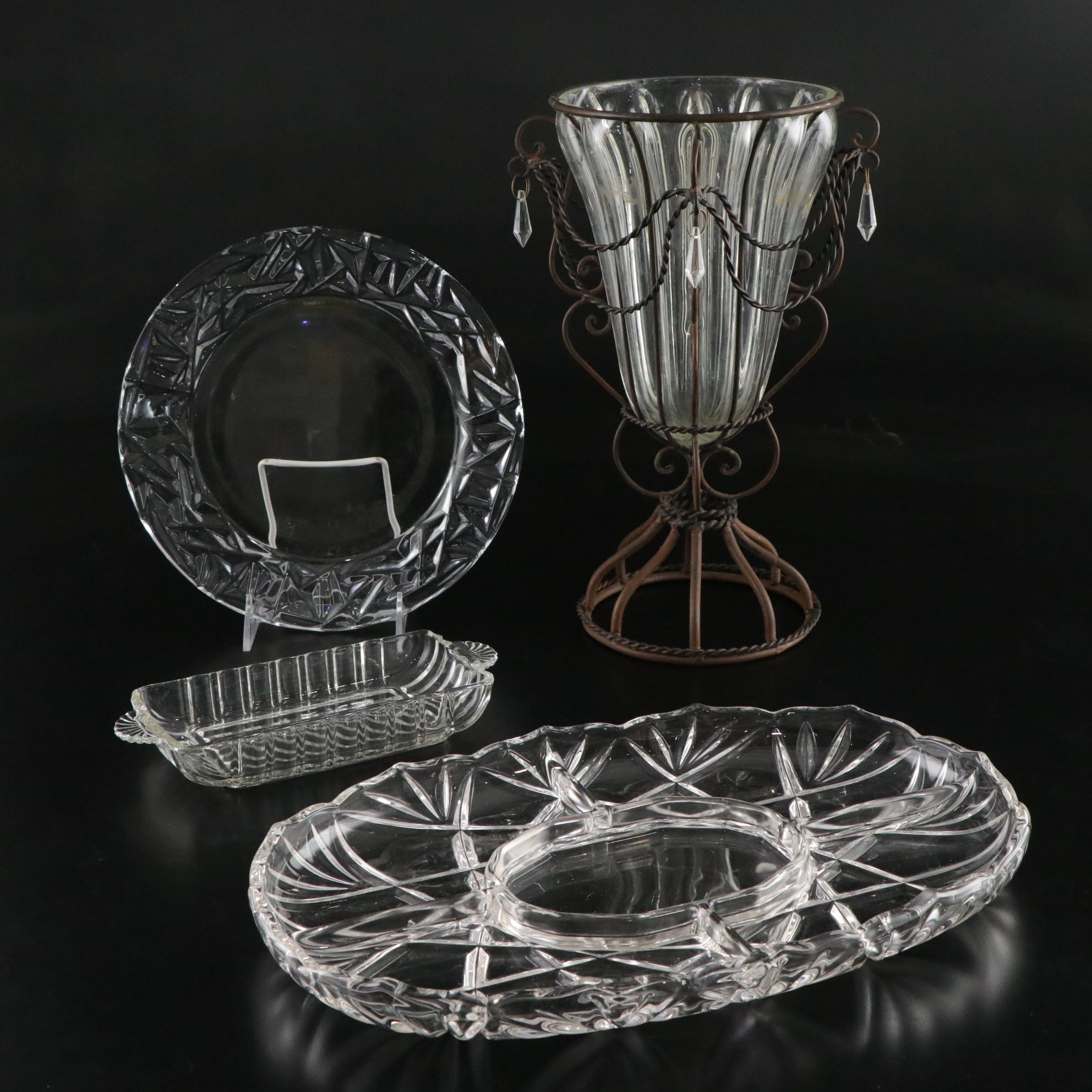 Tiffany & Co. Rock Cut Crystal Plate, Mikasa "Hampshire" Relish Dish & More