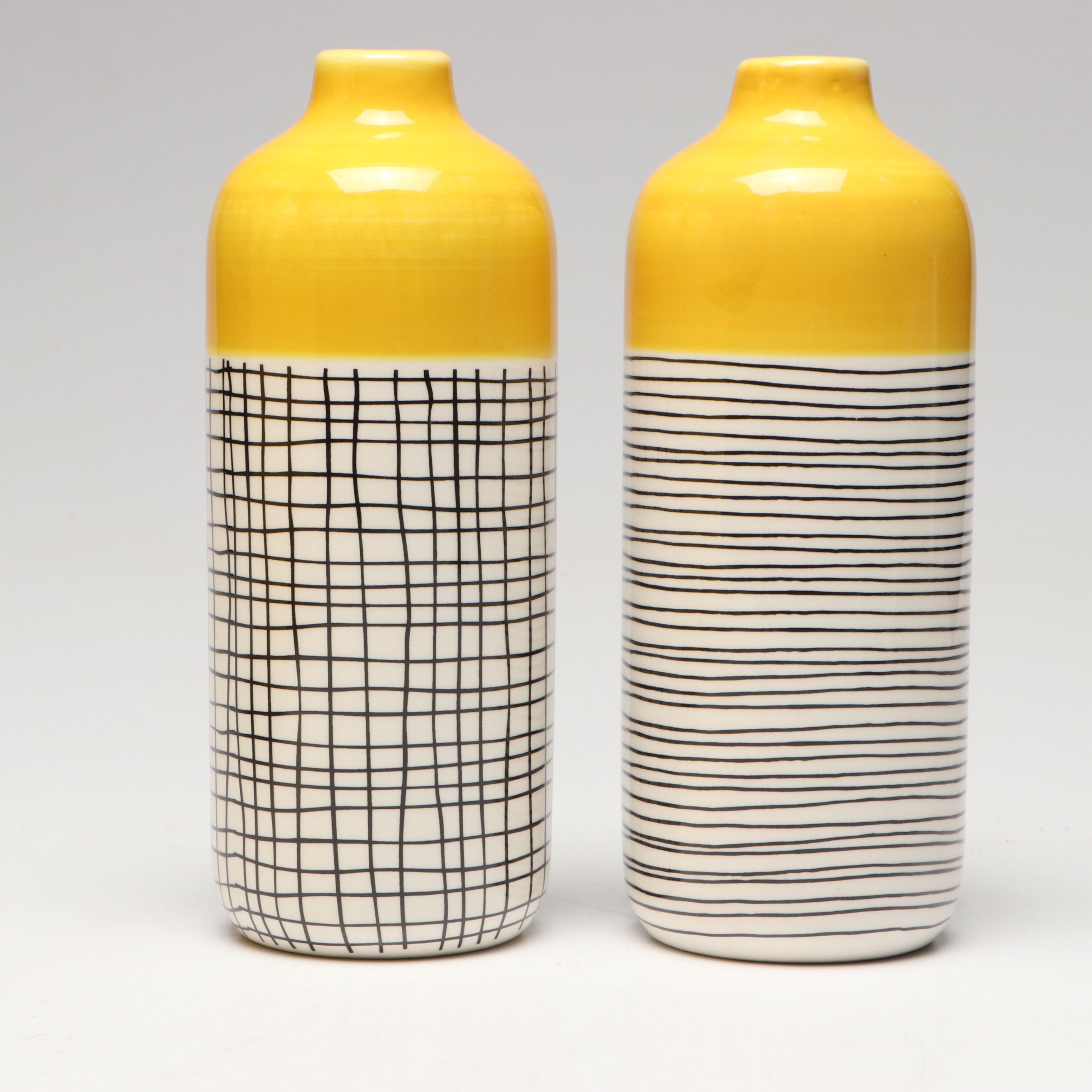 Geometric Yellow Ceramic Vases with Bottles and Tray