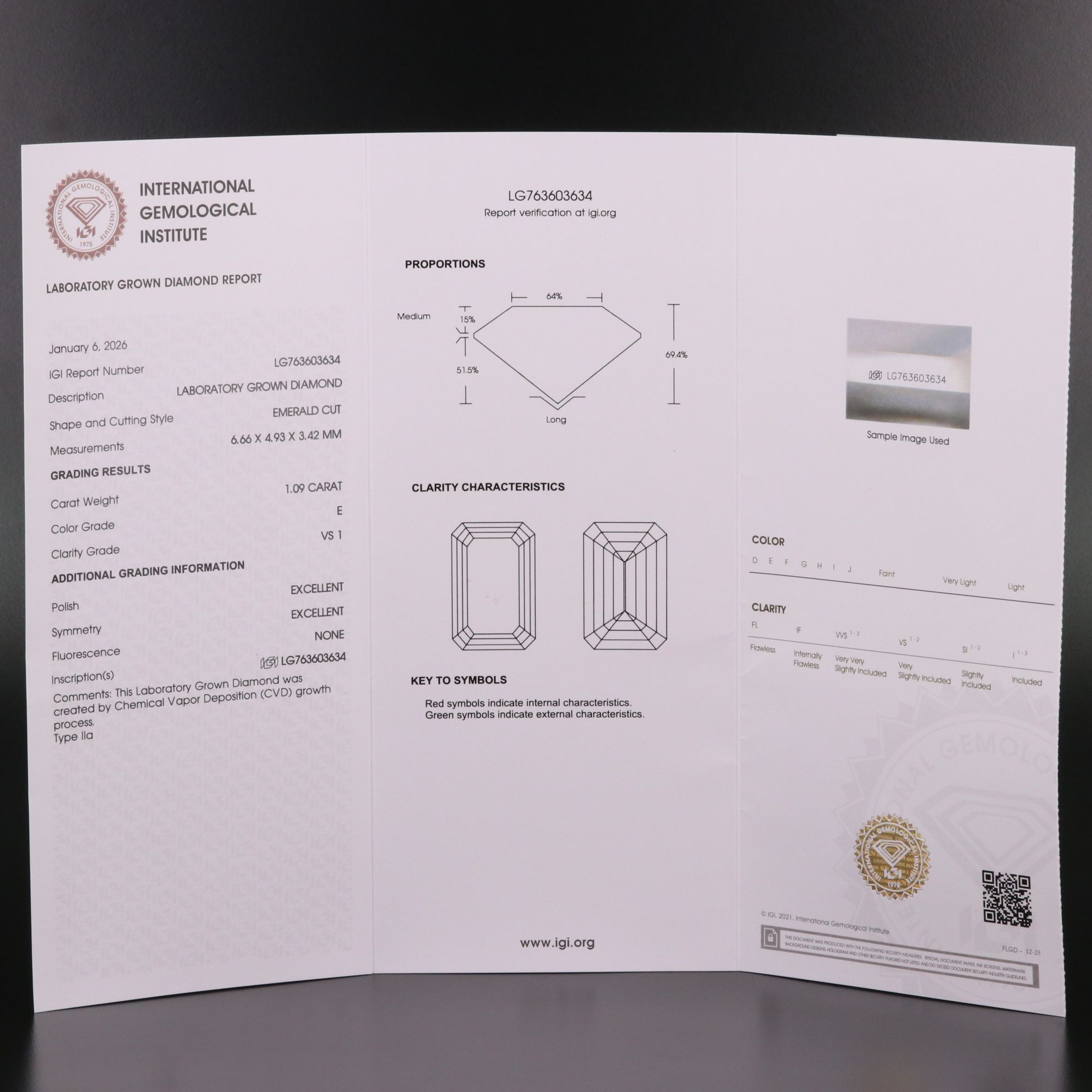 Loose 1.09 CT Lab Grown Diamond with IGI Report