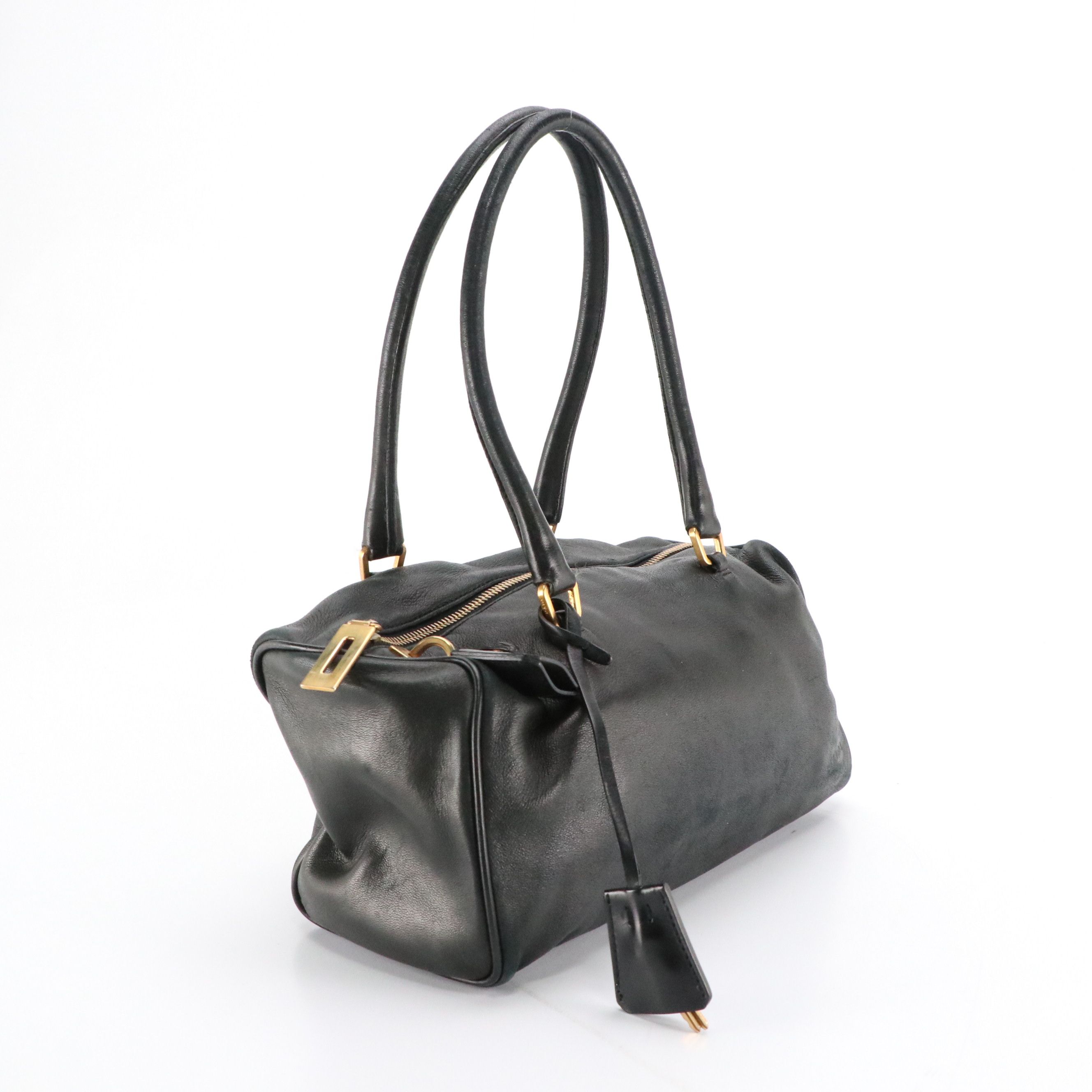 Prada Zippered Shoulder Bag in Black Lambskin Leather