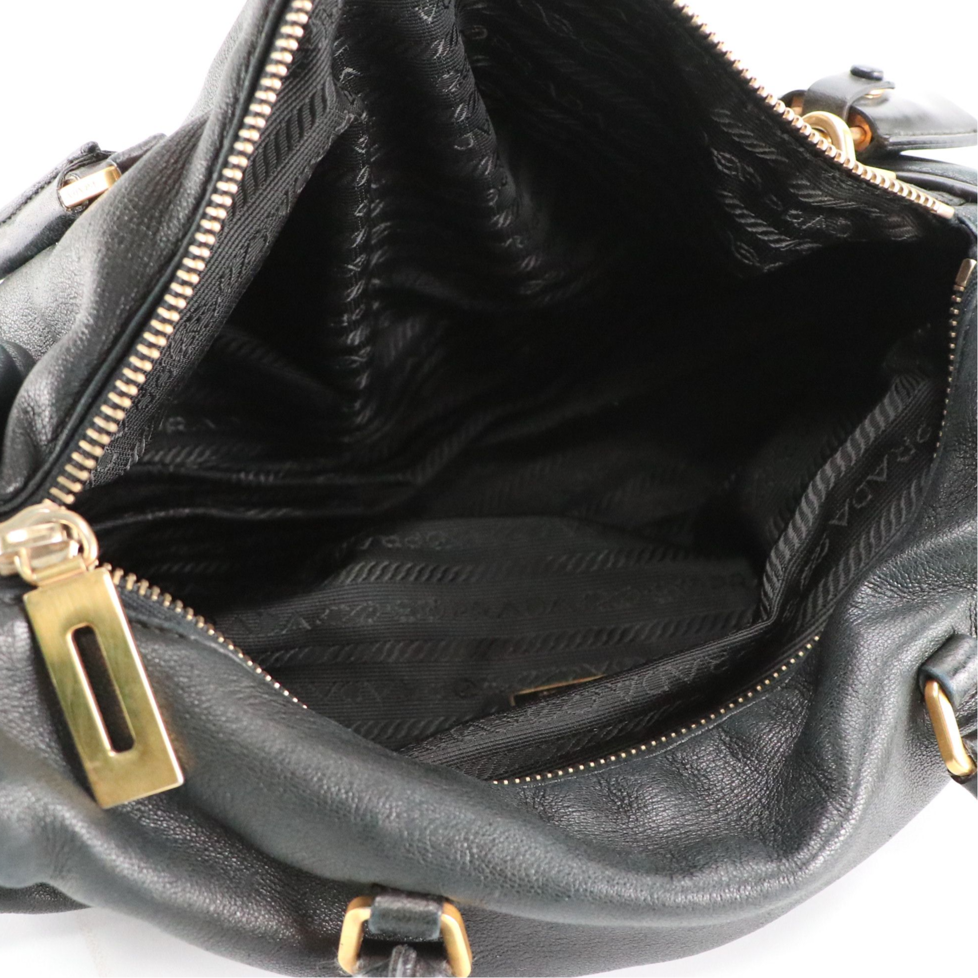 Prada Zippered Shoulder Bag in Black Lambskin Leather